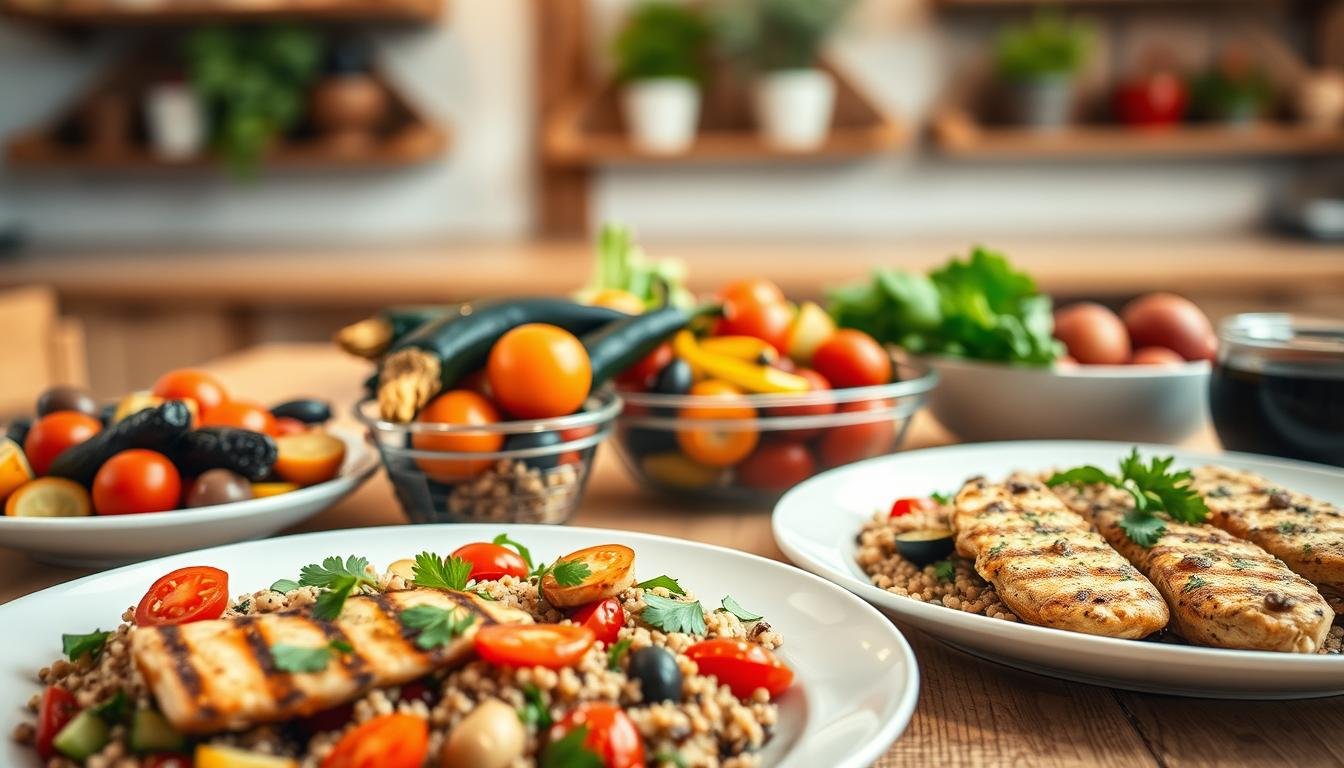 A beautifully arranged table filled with healthy Mediterranean meals designed for tired adults. In the foreground, display a vibrant plate of grilled lemon-herb chicken, accompanied by a colorful quinoa salad with cherry tomatoes, cucumbers, and olives, topped with fresh parsley. In the middle, feature a selection of roasted vegetables including zucchini, bell peppers, and eggplant, providing a rich contrast of colors. The background should suggest a cozy kitchen environment with warm, soft lighting, highlighting rustic wooden shelves and potted herbs. Use a shallow depth of field to create an inviting, warm atmosphere that conveys comfort and nourishment. Capture the scene from a slightly elevated angle to showcase the meals prominently. Get well and stay well, Ray Baker. A beautifully arranged table filled with healthy Mediterranean meals designed for tired adults. In the foreground, display a vibrant plate of grilled lemon-herb chicken, accompanied by a colorful quinoa salad with cherry tomatoes, cucumbers, and olives, topped with fresh parsley. In the middle, feature a selection of roasted vegetables including zucchini, bell peppers, and eggplant, providing a rich contrast of colors. The background should suggest a cozy kitchen environment with warm, soft lighting, highlighting rustic wooden shelves and potted herbs. Use a shallow depth of field to create an inviting, warm atmosphere that conveys comfort and nourishment. Capture the scene from a slightly elevated angle to showcase the meals prominently. Get well and stay well, Ray Baker.