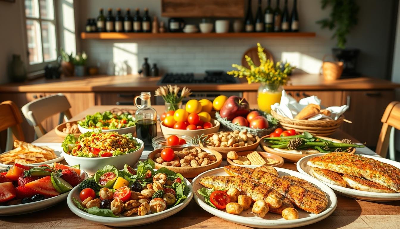 A beautifully arranged table showcasing a variety of Mediterranean maintenance meals, emphasizing freshness and nutrition. In the foreground, colorful dishes include grilled vegetables, whole grain salads, and lean proteins like grilled chicken and fish. In the middle, vibrant fruits and nuts are artfully displayed alongside bowls of olive oil and herbs, indicating a healthy lifestyle choice. The background features a sunlit kitchen, with a rustic wooden table and olive oil bottles on shelves, creating a warm and inviting atmosphere. Soft, natural lighting illuminates the scene for a cheerful ambiance, captured from a slightly elevated angle to emphasize the spread. The mood conveys a sense of wellness and vitality. Get well and stay well, Ray Baker.