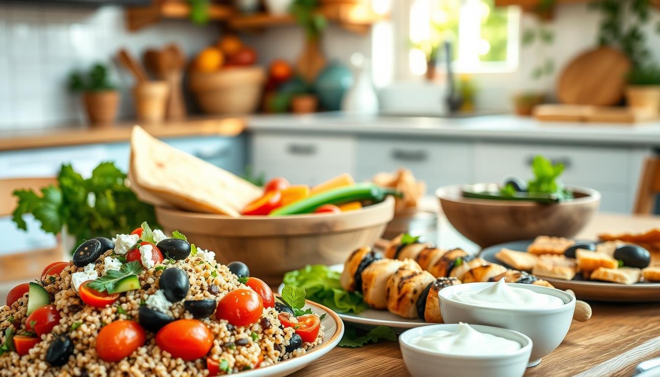 A beautifully arranged table showcasing a variety of healthy Mediterranean meals under 500 calories. In the foreground, feature a vibrant quinoa salad with cherry tomatoes, cucumbers, olives, and a sprinkle of feta cheese, drizzled with olive oil and lemon juice. Next to it, place grilled chicken skewers marinated in herbs, alongside a small bowl of tzatziki. In the middle ground, include a rustic wooden bowl of sautéed seasonal vegetables, such as zucchini and bell peppers, and a colorful platter of whole-grain pita bread. In the background, softly blurred, is a sunlit kitchen with fresh herbs and fruits, enhancing the inviting atmosphere. The scene is bathed in warm, natural light, giving it a cozy yet healthy vibe. Get well and stay well, Ray Baker. A beautifully arranged table showcasing a variety of healthy Mediterranean meals under 500 calories. In the foreground, feature a vibrant quinoa salad with cherry tomatoes, cucumbers, olives, and a sprinkle of feta cheese, drizzled with olive oil and lemon juice. Next to it, place grilled chicken skewers marinated in herbs, alongside a small bowl of tzatziki. In the middle ground, include a rustic wooden bowl of sautéed seasonal vegetables, such as zucchini and bell peppers, and a colorful platter of whole-grain pita bread. In the background, softly blurred, is a sunlit kitchen with fresh herbs and fruits, enhancing the inviting atmosphere. The scene is bathed in warm, natural light, giving it a cozy yet healthy vibe. Get well and stay well, Ray Baker.