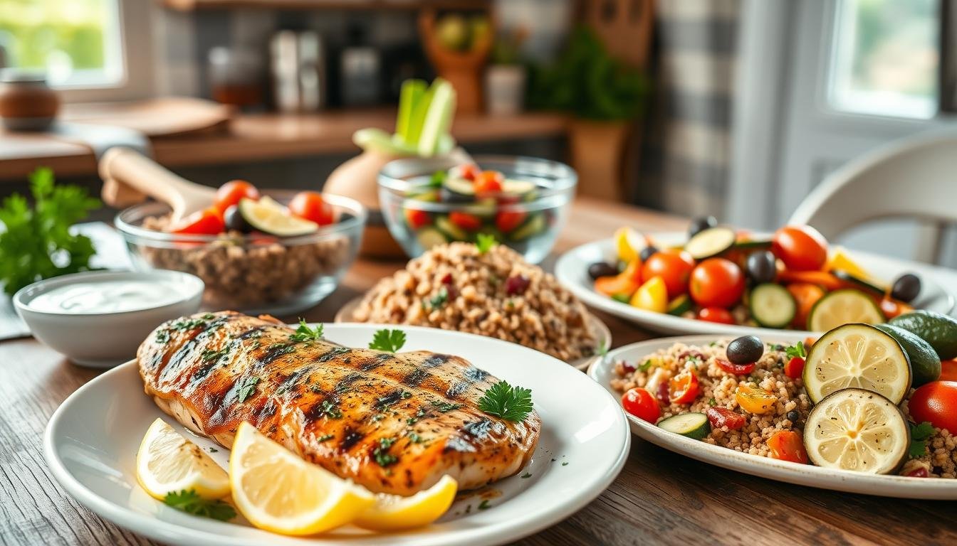 A beautifully arranged table showcasing an array of healthy Mediterranean chicken meals, focusing on vibrant grilled chicken breast seasoned with herbs, served alongside a colorful quinoa salad with cherry tomatoes, cucumbers, and olives. In the foreground, a serving plate with lemon wedges and fresh parsley adds a refreshing touch. In the middle, a glass bowl of tzatziki sauce complements the chicken, and a variety of roasted vegetables like bell peppers and zucchini spill onto a rustic wooden table. Soft, natural light filters in from a nearby window, illuminating the textures and colors, creating a warm, inviting atmosphere. Use a shallow depth of field to bring focus to the dishes while softly blurring the background scene of a cozy kitchen. Get well and stay well, Ray Baker. A beautifully arranged table showcasing an array of healthy Mediterranean chicken meals, focusing on vibrant grilled chicken breast seasoned with herbs, served alongside a colorful quinoa salad with cherry tomatoes, cucumbers, and olives. In the foreground, a serving plate with lemon wedges and fresh parsley adds a refreshing touch. In the middle, a glass bowl of tzatziki sauce complements the chicken, and a variety of roasted vegetables like bell peppers and zucchini spill onto a rustic wooden table. Soft, natural light filters in from a nearby window, illuminating the textures and colors, creating a warm, inviting atmosphere. Use a shallow depth of field to bring focus to the dishes while softly blurring the background scene of a cozy kitchen. Get well and stay well, Ray Baker.