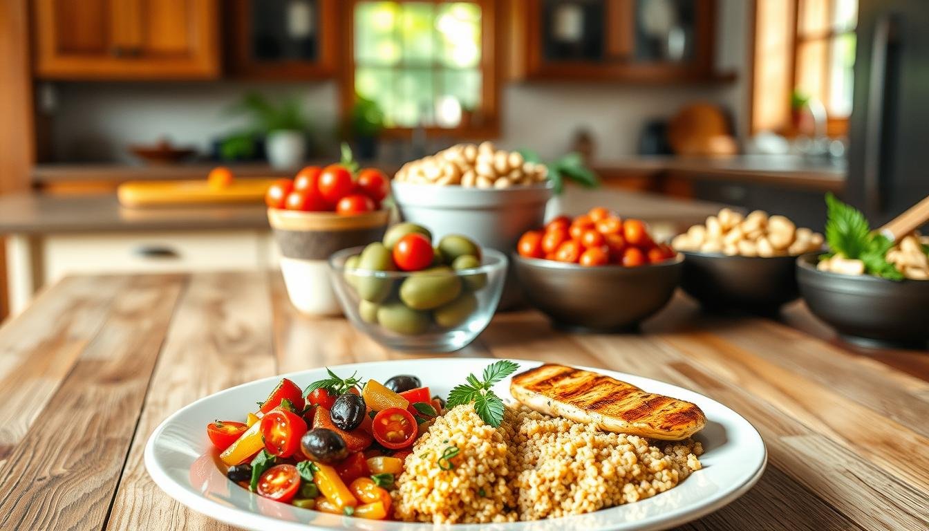 A beautifully arranged table showcasing healthy portion sizes inspired by Mediterranean cuisine. In the foreground, a vibrant plate displaying grilled vegetables, a small serving of quinoa, and a portion of lean grilled chicken, artfully garnished with fresh herbs. In the middle, a selection of colorful ingredients including olives, cherry tomatoes, and white beans neatly organized in bowls, suggesting a healthy grocery list. The background features a warm, rustic kitchen setting with wooden cabinets and soft, natural lighting illuminating the scene from large windows. The atmosphere conveys a sense of wholesome nutrition and inviting culinary tradition, designed to inspire viewers toward mindful eating habits. Get well and stay well, Ray Baker. A beautifully arranged table showcasing healthy portion sizes inspired by Mediterranean cuisine. In the foreground, a vibrant plate displaying grilled vegetables, a small serving of quinoa, and a portion of lean grilled chicken, artfully garnished with fresh herbs. In the middle, a selection of colorful ingredients including olives, cherry tomatoes, and white beans neatly organized in bowls, suggesting a healthy grocery list. The background features a warm, rustic kitchen setting with wooden cabinets and soft, natural lighting illuminating the scene from large windows. The atmosphere conveys a sense of wholesome nutrition and inviting culinary tradition, designed to inspire viewers toward mindful eating habits. Get well and stay well, Ray Baker.