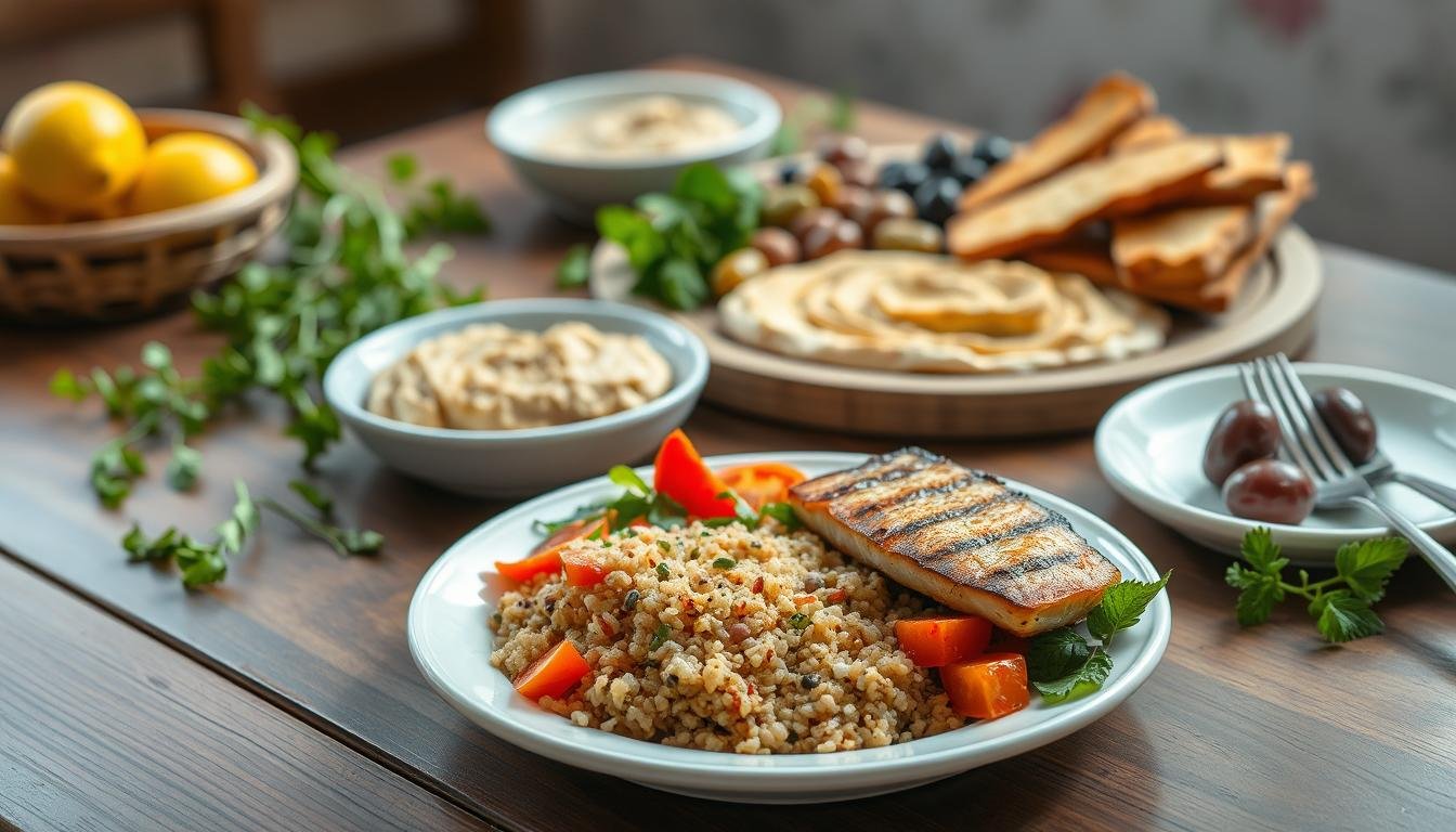 A beautifully arranged table showcasing healthy portion sizes of Mediterranean dishes. In the foreground, a small dinner plate holds a colorful mix of grilled vegetables, a serving of quinoa, and a portion of grilled fish, emphasizing balance and moderation. In the middle, a larger communal platter features an assortment of olives, hummus, and whole-grain pita bread, inviting sharing and variety. The background displays a rustic wooden table setting with green herbs and lemons for a fresh ambiance, bathed in soft, natural lighting that creates a warm, inviting atmosphere. Capture this scene from a slightly elevated angle to highlight the plates and the vibrant colors of the food. The mood reflects health, balance, and the enjoyment of mindful eating. Get well and stay well, Ray Baker. A beautifully arranged table showcasing healthy portion sizes of Mediterranean dishes. In the foreground, a small dinner plate holds a colorful mix of grilled vegetables, a serving of quinoa, and a portion of grilled fish, emphasizing balance and moderation. In the middle, a larger communal platter features an assortment of olives, hummus, and whole-grain pita bread, inviting sharing and variety. The background displays a rustic wooden table setting with green herbs and lemons for a fresh ambiance, bathed in soft, natural lighting that creates a warm, inviting atmosphere. Capture this scene from a slightly elevated angle to highlight the plates and the vibrant colors of the food. The mood reflects health, balance, and the enjoyment of mindful eating. Get well and stay well, Ray Baker.