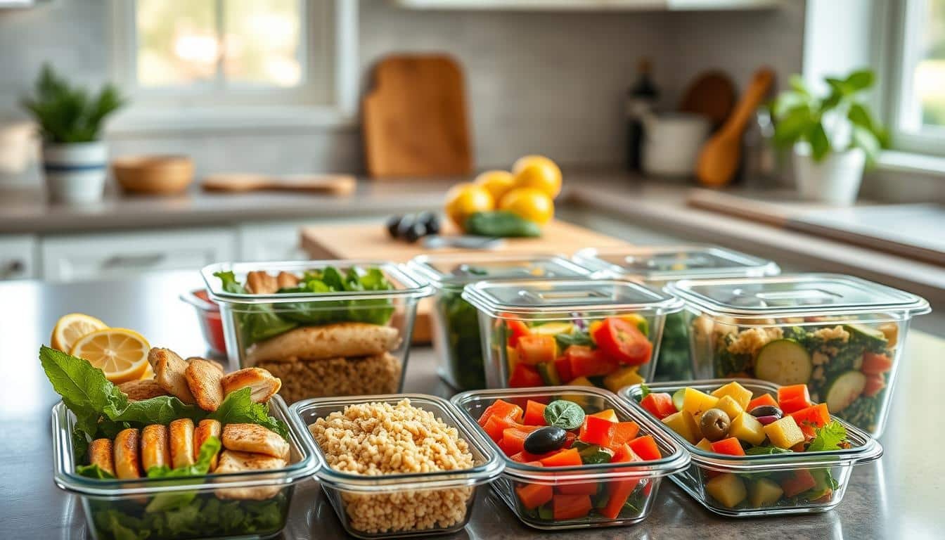 A beautifully organized kitchen countertop filled with healthy Mediterranean meal prep containers, showcasing vibrant colors and fresh ingredients. In the foreground, there are several clear plastic meal prep containers, neatly divided into sections containing grilled chicken, quinoa, roasted vegetables, and a fresh salad, all displaying rich greens, reds, and yellows. In the middle ground, we see a chopping board with sliced lemons, olives, and herbs, hinting at the Mediterranean theme. The background features a soft-focus view of a well-lit kitchen, with natural sunlight filtering through a window, creating a warm and inviting atmosphere. The mood should convey health, organization, and positivity, emphasizing portion control and easy storage solutions for weight loss. Get well and stay well, Ray Baker.