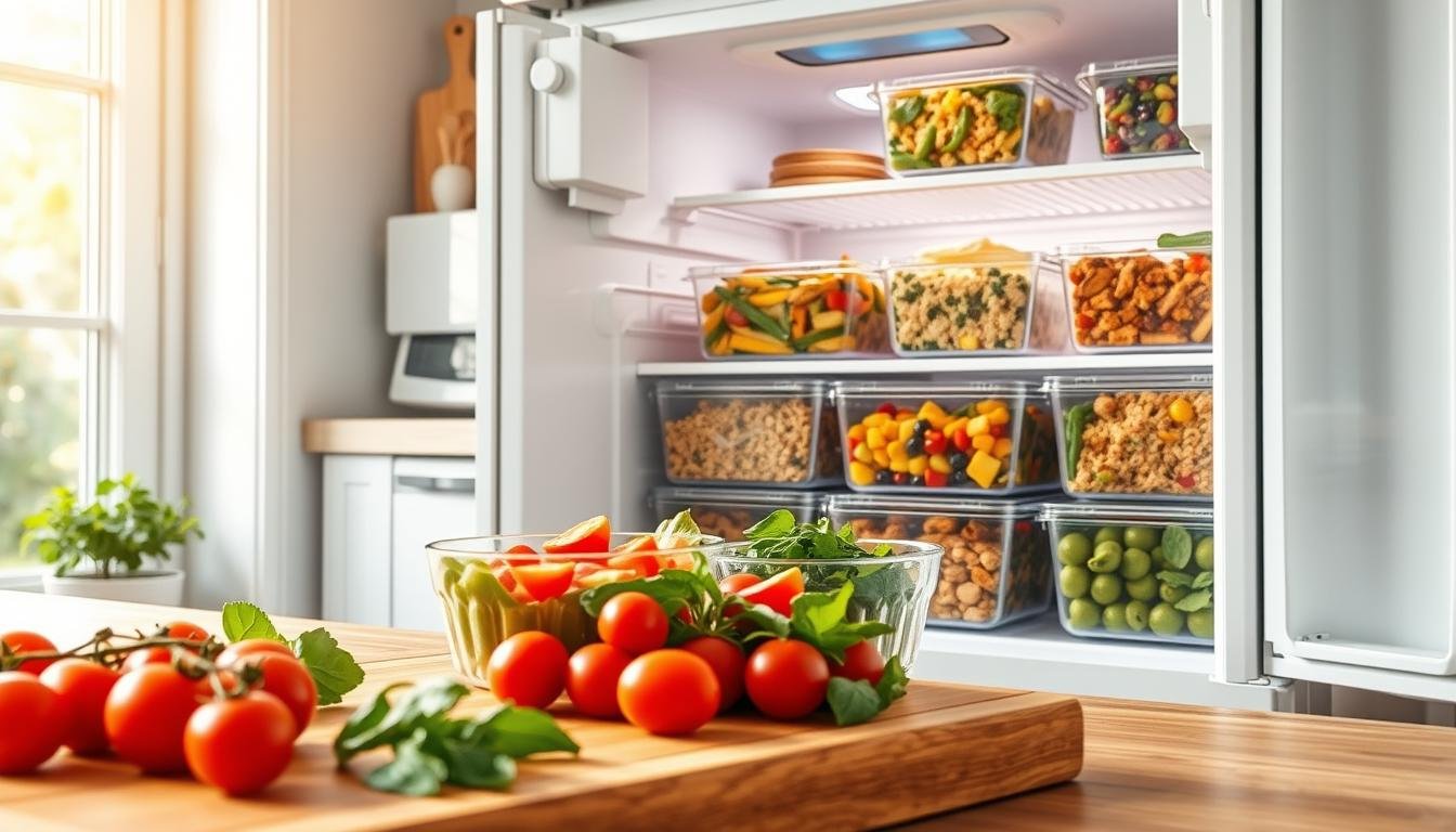 A bright, inviting kitchen scene showcasing an organized freezer filled with colorful Mediterranean freezer meals, neatly portioned in transparent containers. In the foreground, a wooden cutting board displays fresh ingredients like cherry tomatoes, spinach, and bell peppers, hinting at the meals inside. The middle ground features an open freezer door revealing assorted healthy meals like quinoa salad, baked chicken with herbs, and vegetable stir-fry, all looking vibrant and appetizing. In the background, soft natural lighting floods the space, highlighting a cozy ambiance. The focus is clear and warm, evoking a sense of health and wellness. Overall, the image should inspire viewers to consider freezer meals as a convenient option for weight loss while reflecting the Mediterranean diet's freshness. Get well and stay well, Ray Baker.