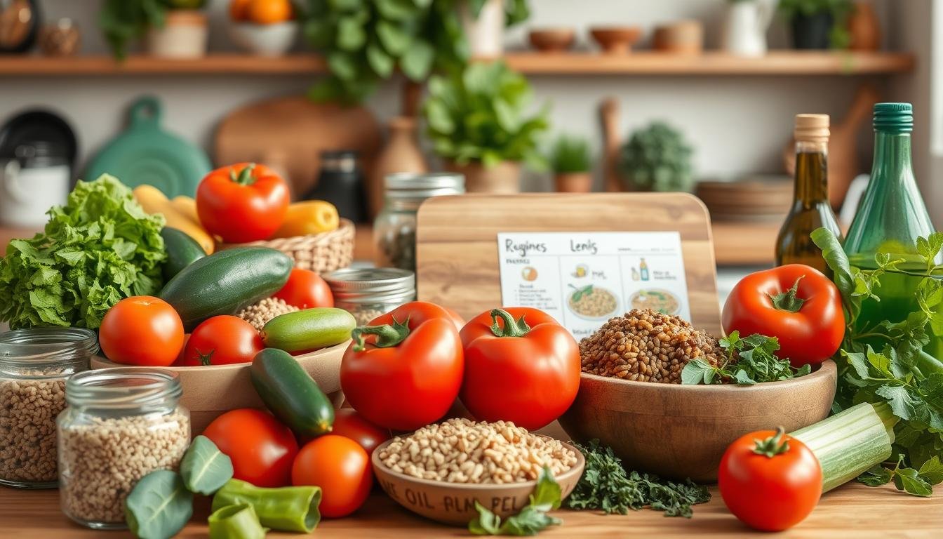 A colorful and inviting kitchen countertop filled with an array of affordable healthy Mediterranean ingredients, creating a vibrant scene. In the foreground, display fresh vegetables such as ripe tomatoes, cucumbers, bell peppers, and leafy greens, arranged in a rustic wooden bowl. Include whole grains like quinoa and lentils in small jars, and a bottle of olive oil for emphasis. In the middle ground, a cutting board with chopped herbs, like parsley and oregano, adds freshness, alongside a simple recipe card featuring drawings of the dishes. In the background, a warm, softly lit kitchen setting with Mediterranean-style decor enhances the atmosphere, suggesting a cozy cooking environment. Capture the essence of healthy, budget-friendly meals through natural lighting illuminating the ingredients, inviting and cheerful mood. Get well and stay well, Ray Baker. A colorful and inviting kitchen countertop filled with an array of affordable healthy Mediterranean ingredients, creating a vibrant scene. In the foreground, display fresh vegetables such as ripe tomatoes, cucumbers, bell peppers, and leafy greens, arranged in a rustic wooden bowl. Include whole grains like quinoa and lentils in small jars, and a bottle of olive oil for emphasis. In the middle ground, a cutting board with chopped herbs, like parsley and oregano, adds freshness, alongside a simple recipe card featuring drawings of the dishes. In the background, a warm, softly lit kitchen setting with Mediterranean-style decor enhances the atmosphere, suggesting a cozy cooking environment. Capture the essence of healthy, budget-friendly meals through natural lighting illuminating the ingredients, inviting and cheerful mood. Get well and stay well, Ray Baker.