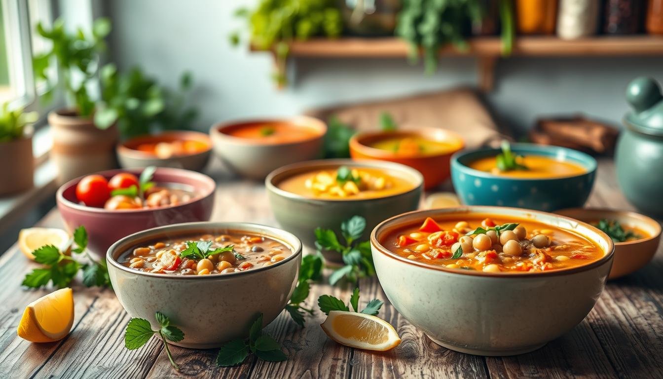 A comforting scene showcasing a variety of Mediterranean soups artfully arranged in colorful bowls, each brimming with fresh ingredients like vibrant tomatoes, parsley, and chickpeas. In the foreground, a rustic wooden table holds two bowls of steaming lentil soup and a light minestrone, with fresh basil and lemon wedges beside them. The middle layer features gently blurred bowls of various soups, garnished with fresh herbs and a drizzle of olive oil, creating a burst of colors. The background evokes a cozy kitchen atmosphere, with soft, natural lighting streaming in through a window, illuminating a shelf lined with herbs and spices. The mood is warm, inviting, and soothing, perfect for a healthy meal. Get well and stay well, Ray Baker.