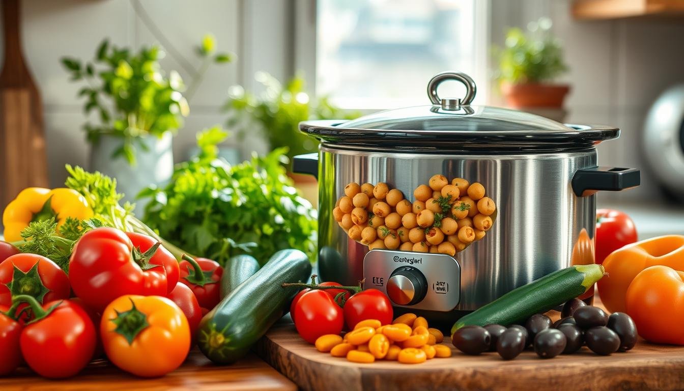 A cozy, inviting kitchen scene showcasing vibrant, healthy Mediterranean ingredients destined for slow cooking. In the foreground, a colorful array of fresh vegetables like tomatoes, bell peppers, zucchini, and olives, artfully arranged around a rustic wooden cutting board. A gleaming, modern slow cooker sits prominently in the middle, filled with a scrumptious mix of chickpeas and herbs, emanating warmth. The background features a sunlit window with green herbs in pots, creating a homely atmosphere. Soft, natural lighting bathes the scene, highlighting the textures and colors of the ingredients. The overall mood is warm and inviting, conveying the ease of preparing wholesome, delicious meals. Get well and stay well, Ray Baker. A cozy, inviting kitchen scene showcasing vibrant, healthy Mediterranean ingredients destined for slow cooking. In the foreground, a colorful array of fresh vegetables like tomatoes, bell peppers, zucchini, and olives, artfully arranged around a rustic wooden cutting board. A gleaming, modern slow cooker sits prominently in the middle, filled with a scrumptious mix of chickpeas and herbs, emanating warmth. The background features a sunlit window with green herbs in pots, creating a homely atmosphere. Soft, natural lighting bathes the scene, highlighting the textures and colors of the ingredients. The overall mood is warm and inviting, conveying the ease of preparing wholesome, delicious meals. Get well and stay well, Ray Baker.