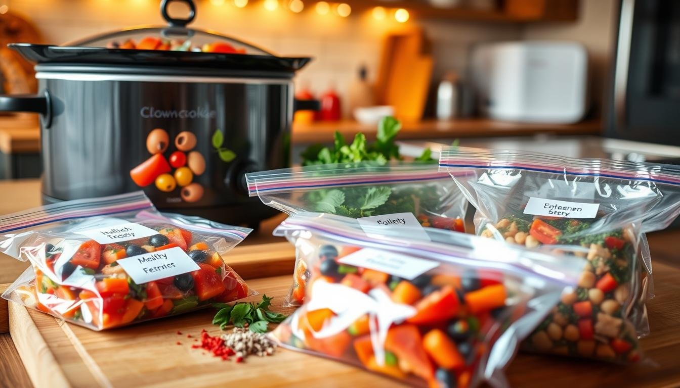 A cozy kitchen scene showcasing a stylish slow cooker filled with vibrant Mediterranean ingredients like diced tomatoes, bell peppers, olives, and herbs. In the foreground, a set of clear, labeled freezer bags neatly arranged, indicating frozen portions of healthy meals ready for reheating. The middle ground features a wooden cutting board with fresh herbs and spices, while the background reveals a well-organized kitchen with warm, soft lighting, hinting at a homey atmosphere. The angle is slightly overhead, capturing the essence of convenience and health in meal prep. This image evokes a sense of ease and warmth, perfect for busy lifestyles. Get well and stay well, Ray Baker. A cozy kitchen scene showcasing a stylish slow cooker filled with vibrant Mediterranean ingredients like diced tomatoes, bell peppers, olives, and herbs. In the foreground, a set of clear, labeled freezer bags neatly arranged, indicating frozen portions of healthy meals ready for reheating. The middle ground features a wooden cutting board with fresh herbs and spices, while the background reveals a well-organized kitchen with warm, soft lighting, hinting at a homey atmosphere. The angle is slightly overhead, capturing the essence of convenience and health in meal prep. This image evokes a sense of ease and warmth, perfect for busy lifestyles. Get well and stay well, Ray Baker.