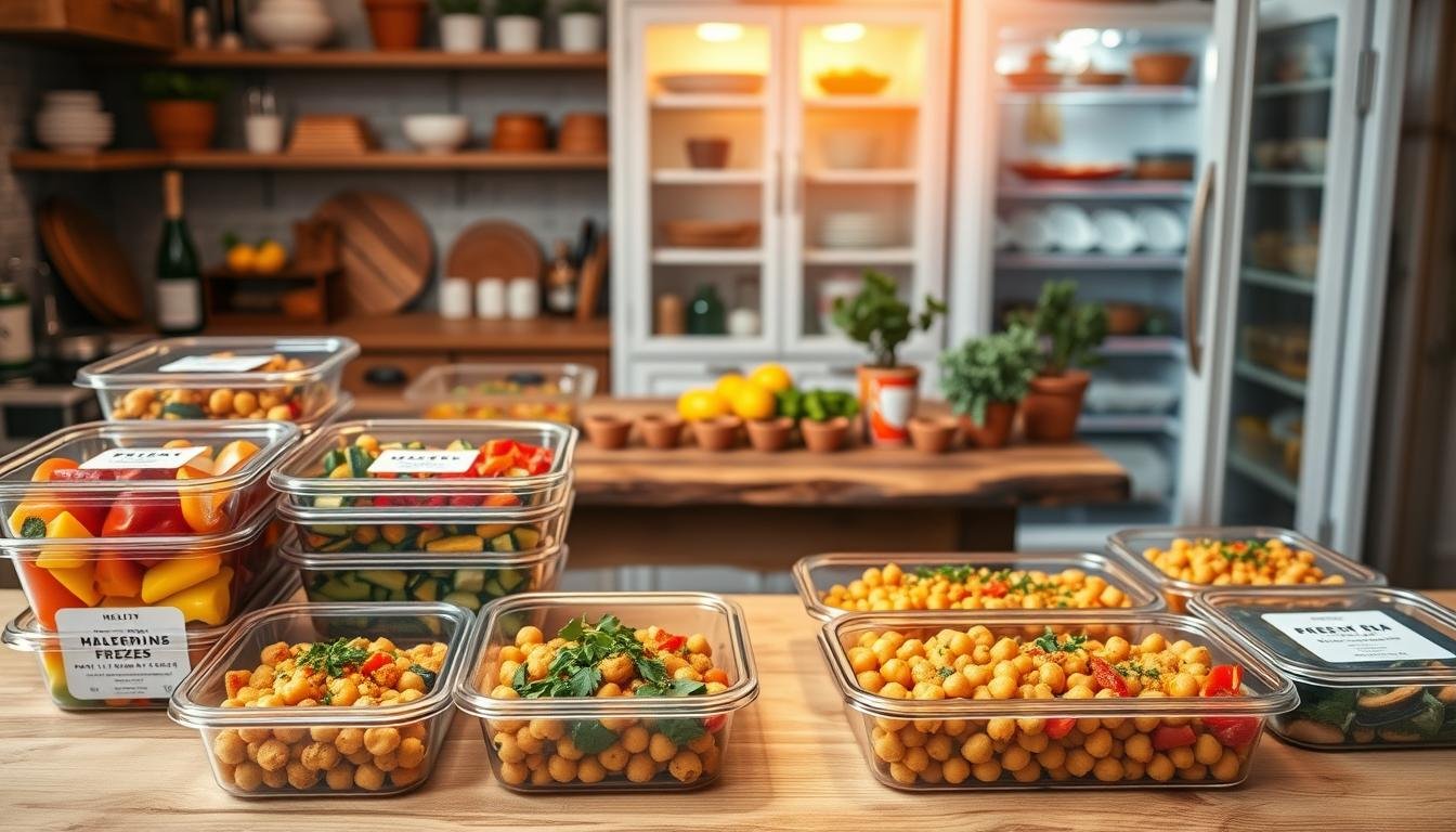 A cozy, warm kitchen scene featuring an organized array of Mediterranean freezer meals in clear containers, showcasing vibrant ingredients like colorful bell peppers, zucchini, chickpeas, and herbs. In the foreground, a wooden countertop displays neatly labeled containers filled with healthy, ready-to-reheat meals, each with fresh garnishes. The middle ground includes a rustic wooden table set with an olive oil bottle, fresh lemons, and herbs in terracotta pots. The background reveals a well-stocked freezer with glass doors, radiating a soft, inviting light that highlights the freshness of the meals. The atmosphere is warm and homey, evoking a sense of health and preparedness. Shot from a slightly elevated angle to capture the lush details and inviting colors of the ingredients. Get well and stay well, Ray Baker.