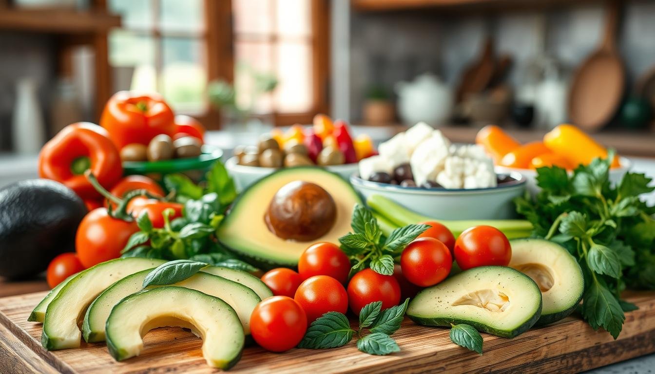 A tasteful arrangement of healthy low-carb Mediterranean ingredients, featuring vibrant colors and textures. In the foreground, a wooden cutting board showcases sliced ripe avocado, fresh cucumbers, and cherry tomatoes, surrounded by sprigs of fresh herbs like basil and parsley. The middle section includes bowls filled with olives, feta cheese, and a colorful assortment of bell peppers. The background reveals a rustic kitchen setting with soft, natural lighting streaming through a window, creating a warm and inviting atmosphere. The overall mood is clean, fresh, and wholesome, emphasizing the essence of a balanced Mediterranean diet. The image should be bright and appealing, evoking a sense of health and vitality. Get well and stay well, Ray Baker. A tasteful arrangement of healthy low-carb Mediterranean ingredients, featuring vibrant colors and textures. In the foreground, a wooden cutting board showcases sliced ripe avocado, fresh cucumbers, and cherry tomatoes, surrounded by sprigs of fresh herbs like basil and parsley. The middle section includes bowls filled with olives, feta cheese, and a colorful assortment of bell peppers. The background reveals a rustic kitchen setting with soft, natural lighting streaming through a window, creating a warm and inviting atmosphere. The overall mood is clean, fresh, and wholesome, emphasizing the essence of a balanced Mediterranean diet. The image should be bright and appealing, evoking a sense of health and vitality. Get well and stay well, Ray Baker.