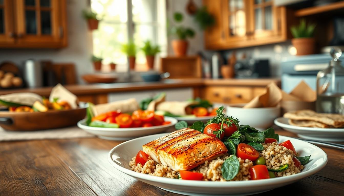 A vibrant and inviting kitchen scene showcasing a table set with an array of easy, healthy Mediterranean dinners suitable for those over 50. In the foreground, a beautifully arranged plate featuring grilled salmon, quinoa salad with cherry tomatoes, and sautéed spinach, garnished with fresh herbs. In the middle, a colorful spread of various dishes, including roasted vegetables and whole-grain wraps, all exuding warmth and health. The background features soft, natural lighting coming through a window, illuminating the rustic kitchen decor with wooden cabinets and potted herbs. The atmosphere is cozy and inviting, evoking a sense of comfort and ease. The scene should inspire feelings of simplicity and health without clutter or distractions. Get well and stay well, Ray Baker. A vibrant and inviting kitchen scene showcasing a table set with an array of easy, healthy Mediterranean dinners suitable for those over 50. In the foreground, a beautifully arranged plate featuring grilled salmon, quinoa salad with cherry tomatoes, and sautéed spinach, garnished with fresh herbs. In the middle, a colorful spread of various dishes, including roasted vegetables and whole-grain wraps, all exuding warmth and health. The background features soft, natural lighting coming through a window, illuminating the rustic kitchen decor with wooden cabinets and potted herbs. The atmosphere is cozy and inviting, evoking a sense of comfort and ease. The scene should inspire feelings of simplicity and health without clutter or distractions. Get well and stay well, Ray Baker.