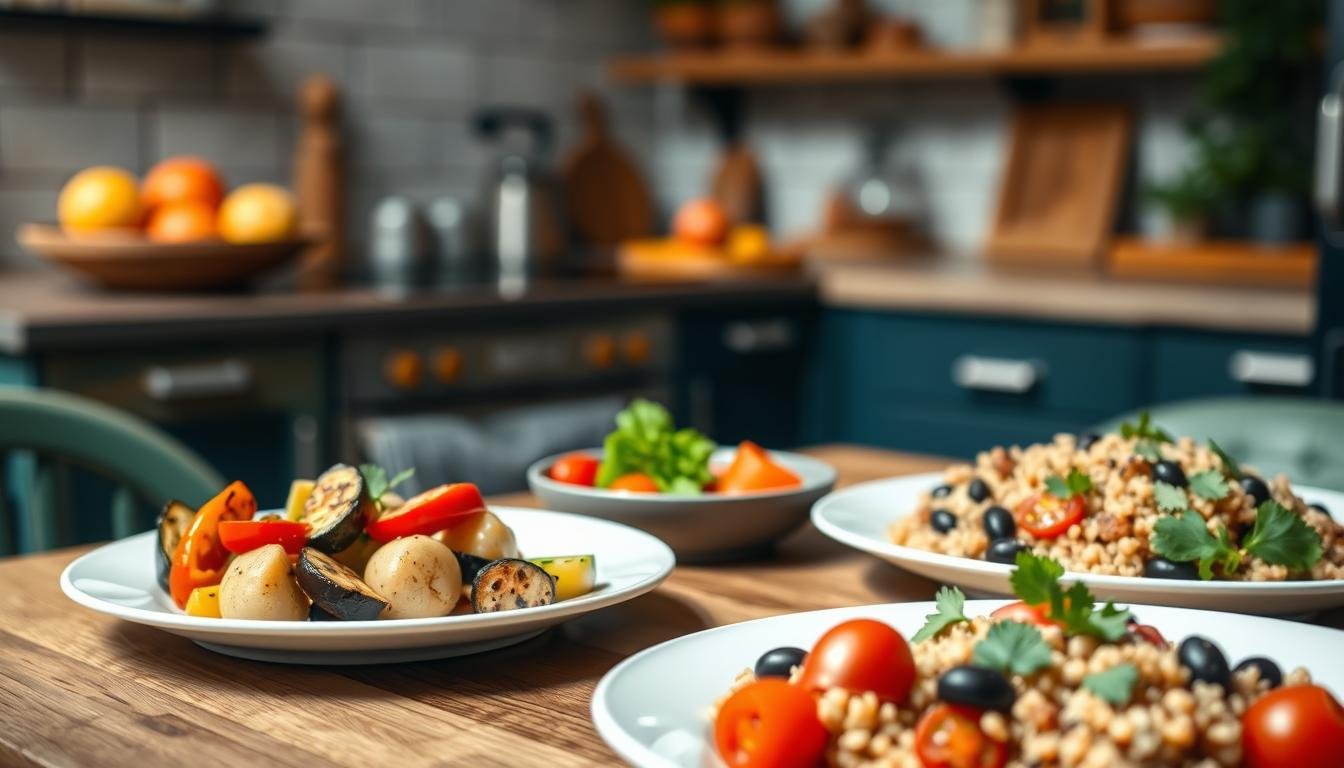 A vibrant and neatly arranged table setting featuring two balanced plates promoting weight loss. In the foreground, one plate showcases grilled Mediterranean vegetables—zucchini, bell peppers, and eggplant—beautifully seasoned with herbs, while the other plate displays a portion of quinoa salad with cherry tomatoes and olives, garnished with fresh parsley. The middle ground highlights a soft-focus background of a rustic kitchen with warm, natural lighting that creates an inviting atmosphere. The setting includes a bowl of fresh fruit, like oranges and apples, adding a pop of color. The scene captures a sense of healthy living and mindful eating while emphasizing sensible portions. The image is shot with a shallow depth of field, enhancing the focus on the plates while providing a homely yet sophisticated ambiance. Get well and stay well, Ray Baker. A vibrant and neatly arranged table setting featuring two balanced plates promoting weight loss. In the foreground, one plate showcases grilled Mediterranean vegetables—zucchini, bell peppers, and eggplant—beautifully seasoned with herbs, while the other plate displays a portion of quinoa salad with cherry tomatoes and olives, garnished with fresh parsley. The middle ground highlights a soft-focus background of a rustic kitchen with warm, natural lighting that creates an inviting atmosphere. The setting includes a bowl of fresh fruit, like oranges and apples, adding a pop of color. The scene captures a sense of healthy living and mindful eating while emphasizing sensible portions. The image is shot with a shallow depth of field, enhancing the focus on the plates while providing a homely yet sophisticated ambiance. Get well and stay well, Ray Baker.