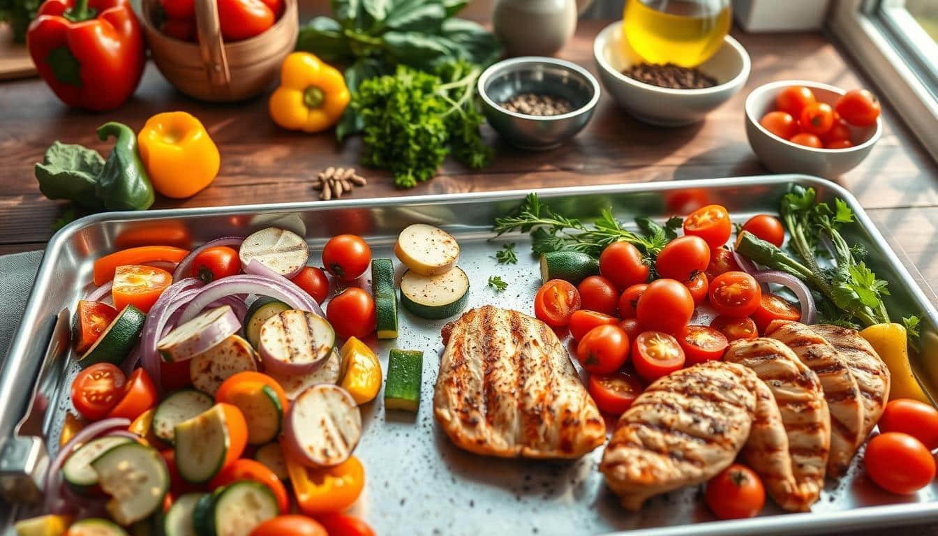 A vibrant and organized sheet pan meal prep scene showcasing a healthy Mediterranean-inspired dinner. In the foreground, a colorful array of fresh vegetables including bell peppers, zucchini, cherry tomatoes, and red onions are neatly arranged on a large, silver sheet pan. A handful of grilled chicken pieces, lightly seasoned and golden-brown, complement the veggies. In the middle ground, a rustic wooden table adds warmth, with bowls of olive oil, herbs, and spices artistically placed, hinting at the preparation process. In the background, soft, natural light filters through a window, casting gentle shadows that enhance the inviting atmosphere. The camera angle captures the entire layout from a slight overhead perspective, emphasizing organization and healthfulness. Get well and stay well, Ray Baker. A vibrant and organized sheet pan meal prep scene showcasing a healthy Mediterranean-inspired dinner. In the foreground, a colorful array of fresh vegetables including bell peppers, zucchini, cherry tomatoes, and red onions are neatly arranged on a large, silver sheet pan. A handful of grilled chicken pieces, lightly seasoned and golden-brown, complement the veggies. In the middle ground, a rustic wooden table adds warmth, with bowls of olive oil, herbs, and spices artistically placed, hinting at the preparation process. In the background, soft, natural light filters through a window, casting gentle shadows that enhance the inviting atmosphere. The camera angle captures the entire layout from a slight overhead perspective, emphasizing organization and healthfulness. Get well and stay well, Ray Baker.