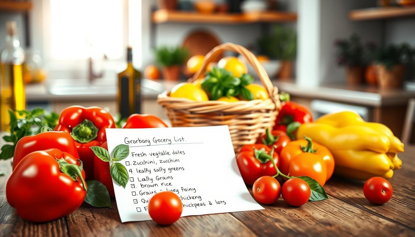 A vibrant and visually appealing grocery list set against a rustic wooden kitchen table. In the foreground, a neatly written grocery list on a crisp piece of white paper with bullet points for fresh vegetables like bell peppers, tomatoes, zucchini, and leafy greens; grains such as quinoa and brown rice; and healthy proteins like chicken and chickpeas. Brightly colored bell peppers and tomatoes are scattered around the list, with a sprig of fresh basil adding a pop of green. In the middle ground, a small woven basket filled with fruits like lemons and oranges. The background features out-of-focus kitchen elements, such as olive oil, herbs in pots, and a warm, inviting light streaming through a window. The atmosphere is cheerful and inviting, suggesting a healthy cooking experience. Get well and stay well, Ray Baker.