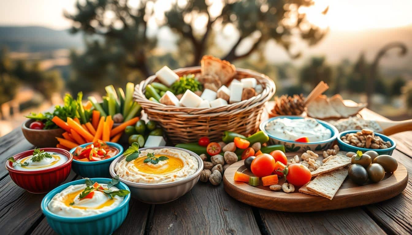 A vibrant, appealing arrangement of healthy Mediterranean snacks on a rustic wooden table. In the foreground, colorful small bowls filled with hummus, tzatziki, and baba ghanoush, garnished with fresh herbs and olive oil. Beside them, assorted vegetable sticks, such as carrots, cucumbers, and bell peppers, are artfully arranged, along with whole-grain pita bread and olives. In the middle, a woven basket holds a selection of ripe cherry tomatoes, feta cheese cubes, and nuts, creating a sense of abundance. The background features a soft-focus Mediterranean landscape with sunny skies and olive trees for a tranquil atmosphere. The lighting is warm and inviting, reminiscent of a sunny afternoon, enhancing the freshness of the snacks. Use a shallow depth of field to emphasize the foreground. Get well and stay well, Ray Baker.