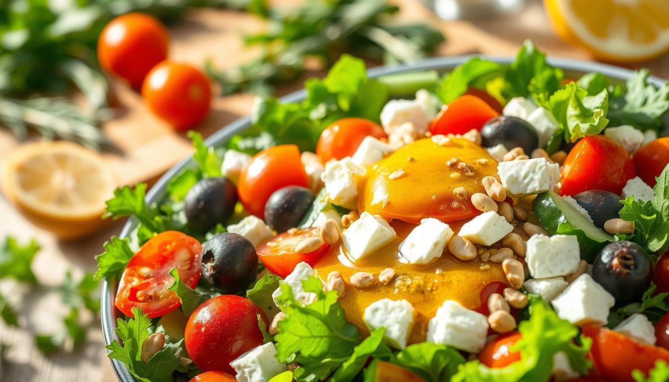 A vibrant, close-up image of a Mediterranean salad bursting with fresh ingredients. In the foreground, showcase a large bowl filled with colorful mixed greens, juicy cherry tomatoes, slices of cucumbers, olives, chunks of feta cheese, and a sprinkle of pine nuts. The middle layer features a drizzle of rich, golden olive oil and a splash of tangy lemon dressing that glistens under the light, adding a mouthwatering appeal. In the background, softly blurred, include elements like fresh herbs, a wooden cutting board, and a bright lemon half to enhance the natural setting. The lighting should be warm and inviting, simulating sunlight, creating a cheerful and fresh atmosphere. This image captures the essence of healthy, filling Mediterranean salads. Get well and stay well, Ray Baker. A vibrant, close-up image of a Mediterranean salad bursting with fresh ingredients. In the foreground, showcase a large bowl filled with colorful mixed greens, juicy cherry tomatoes, slices of cucumbers, olives, chunks of feta cheese, and a sprinkle of pine nuts. The middle layer features a drizzle of rich, golden olive oil and a splash of tangy lemon dressing that glistens under the light, adding a mouthwatering appeal. In the background, softly blurred, include elements like fresh herbs, a wooden cutting board, and a bright lemon half to enhance the natural setting. The lighting should be warm and inviting, simulating sunlight, creating a cheerful and fresh atmosphere. This image captures the essence of healthy, filling Mediterranean salads. Get well and stay well, Ray Baker.