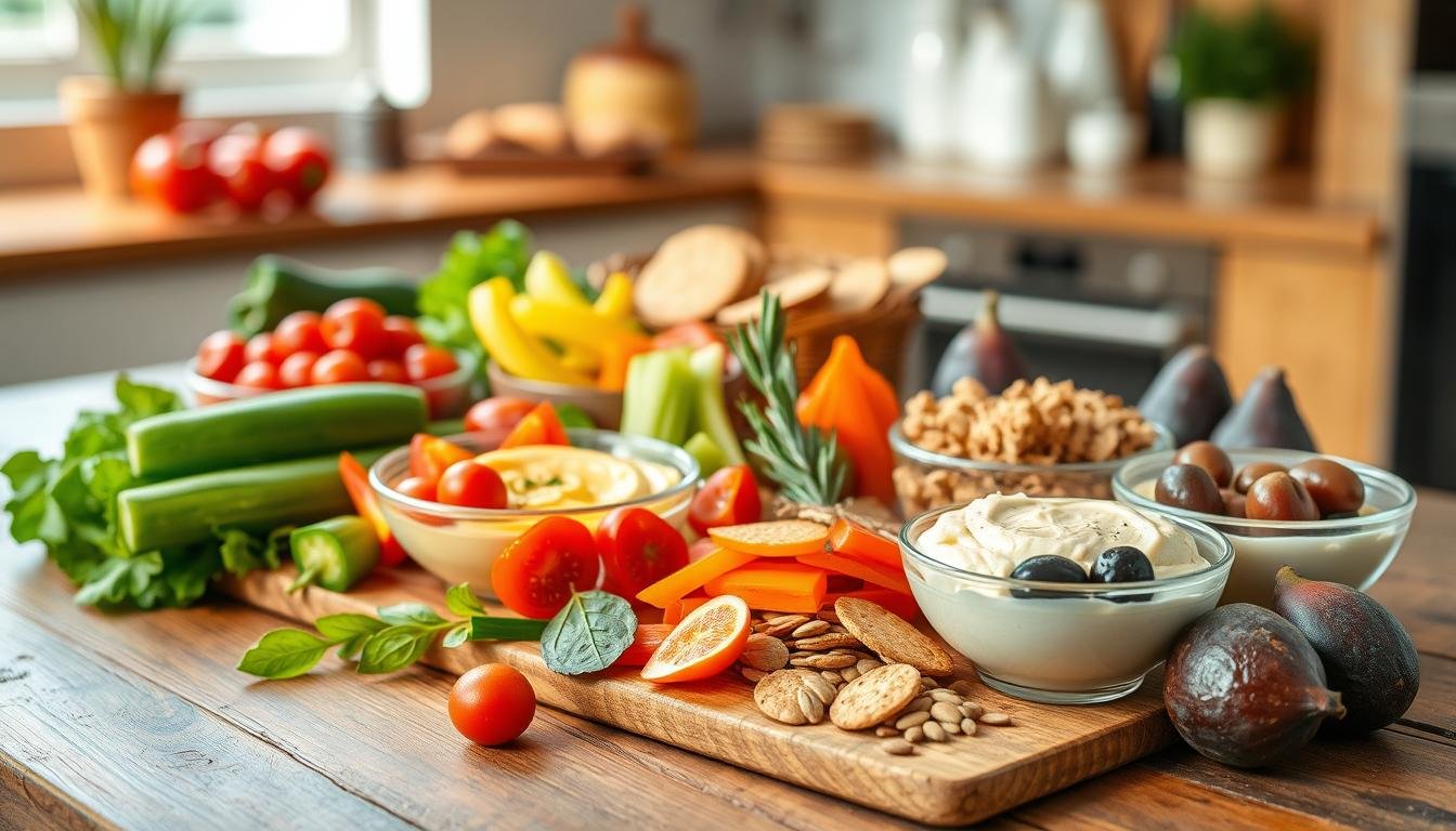 A vibrant display of healthy snacks arranged on a rustic wooden table, featuring a variety of Mediterranean-inspired options. In the foreground, a colorful assortment of fresh vegetables like cherry tomatoes, cucumbers, and bell peppers, alongside creamy hummus and olives in small, elegant bowls. In the middle ground, a selection of whole grain crackers and seeds, complemented by a few ripe figs and a sprig of rosemary for added texture. The background features a softly blurred kitchen counter with natural light streaming in, illuminating the freshness of the ingredients. The overall mood is inviting and healthy, evoking a sense of well-being and deliciousness. The image should have a natural focus using a shallow depth of field for a warm, homely atmosphere. Get well and stay well, Ray Baker. A vibrant display of healthy snacks arranged on a rustic wooden table, featuring a variety of Mediterranean-inspired options. In the foreground, a colorful assortment of fresh vegetables like cherry tomatoes, cucumbers, and bell peppers, alongside creamy hummus and olives in small, elegant bowls. In the middle ground, a selection of whole grain crackers and seeds, complemented by a few ripe figs and a sprig of rosemary for added texture. The background features a softly blurred kitchen counter with natural light streaming in, illuminating the freshness of the ingredients. The overall mood is inviting and healthy, evoking a sense of well-being and deliciousness. The image should have a natural focus using a shallow depth of field for a warm, homely atmosphere. Get well and stay well, Ray Baker.