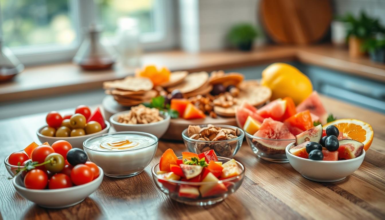 A vibrant display of healthy snacks on a wooden table, showcasing a variety of Mediterranean-inspired options. In the foreground, beautifully arranged small bowls filled with fresh cherry tomatoes, olives, hummus, and a colorful assortment of sliced fruits like figs, watermelon, and oranges. The middle ground features a rustic platter with whole-grain crackers, nuts, and yogurt drizzled with honey. In the background, soft, natural light filters through a nearby window, creating a warm and inviting atmosphere. Use a shallow depth of field to focus on the snacks while gently blurring the kitchen setting, evoking a sense of homeliness and health. The overall mood is fresh, vibrant, and appetizing, ideal for promoting smart and tasty alternatives to traditional snacks. Get well and stay well, Ray Baker. A vibrant display of healthy snacks on a wooden table, showcasing a variety of Mediterranean-inspired options. In the foreground, beautifully arranged small bowls filled with fresh cherry tomatoes, olives, hummus, and a colorful assortment of sliced fruits like figs, watermelon, and oranges. The middle ground features a rustic platter with whole-grain crackers, nuts, and yogurt drizzled with honey. In the background, soft, natural light filters through a nearby window, creating a warm and inviting atmosphere. Use a shallow depth of field to focus on the snacks while gently blurring the kitchen setting, evoking a sense of homeliness and health. The overall mood is fresh, vibrant, and appetizing, ideal for promoting smart and tasty alternatives to traditional snacks. Get well and stay well, Ray Baker.