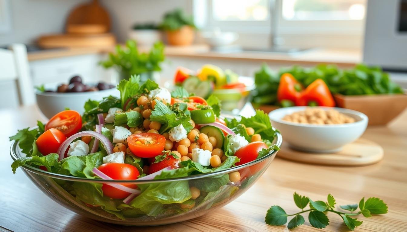 A vibrant, healthy salad spread on a wooden table, showcasing a variety of Mediterranean ingredients. In the foreground, a large, colorful bowl filled with fresh mixed greens, cherry tomatoes, cucumbers, red onions, chickpeas, and feta cheese, drizzled with olive oil and sprinkled with herbs. The middle ground features smaller bowls of sliced bell peppers, olives, and a side of whole grain pita. The background is softly blurred to emphasize the salad, with a sunlit kitchen setting creating a warm, inviting atmosphere. Soft, natural lighting highlights the freshness and colors of the vegetables, and the image is captured from a slightly elevated angle for a dynamic perspective. Get well and stay well, Ray Baker. A vibrant, healthy salad spread on a wooden table, showcasing a variety of Mediterranean ingredients. In the foreground, a large, colorful bowl filled with fresh mixed greens, cherry tomatoes, cucumbers, red onions, chickpeas, and feta cheese, drizzled with olive oil and sprinkled with herbs. The middle ground features smaller bowls of sliced bell peppers, olives, and a side of whole grain pita. The background is softly blurred to emphasize the salad, with a sunlit kitchen setting creating a warm, inviting atmosphere. Soft, natural lighting highlights the freshness and colors of the vegetables, and the image is captured from a slightly elevated angle for a dynamic perspective. Get well and stay well, Ray Baker.