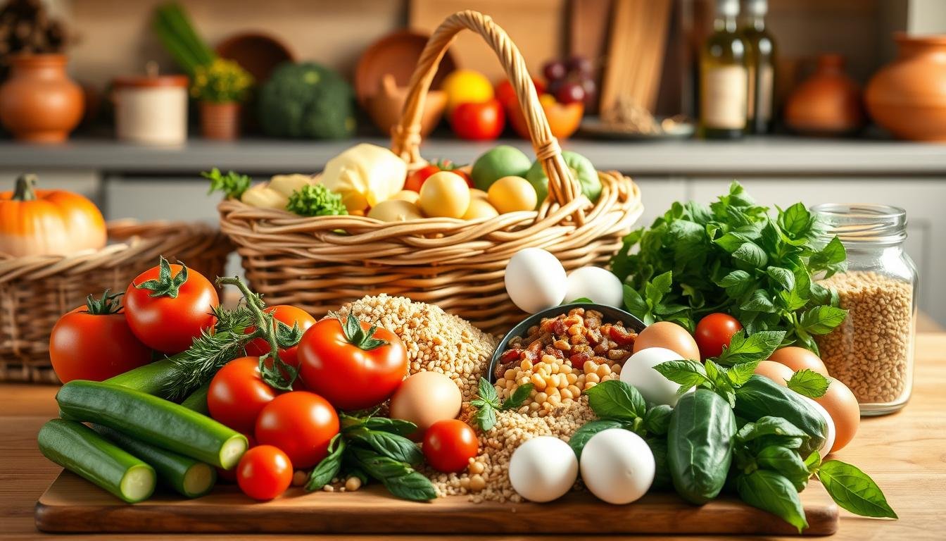 A vibrant, inviting grocery list scene for healthy Mediterranean recipes under 500 calories. In the foreground, an array of fresh, colorful ingredients like ripe tomatoes, crisp cucumbers, bulgur, chickpeas, eggs, and fresh herbs like parsley and basil arranged artistically on a wooden cutting board. In the middle, a rustic wicker basket filled with a variety of seasonal vegetables and whole grains, giving a sense of abundance. In the background, a softly lit kitchen setting with subtle Mediterranean decor, such as terracotta pots and olive oil bottles. The lighting is warm and inviting, casting gentle shadows for depth. The overall atmosphere is cheerful, nutritious, and organized, encouraging healthy meal planning. Get well and stay well, Ray Baker. A vibrant, inviting grocery list scene for healthy Mediterranean recipes under 500 calories. In the foreground, an array of fresh, colorful ingredients like ripe tomatoes, crisp cucumbers, bulgur, chickpeas, eggs, and fresh herbs like parsley and basil arranged artistically on a wooden cutting board. In the middle, a rustic wicker basket filled with a variety of seasonal vegetables and whole grains, giving a sense of abundance. In the background, a softly lit kitchen setting with subtle Mediterranean decor, such as terracotta pots and olive oil bottles. The lighting is warm and inviting, casting gentle shadows for depth. The overall atmosphere is cheerful, nutritious, and organized, encouraging healthy meal planning. Get well and stay well, Ray Baker.