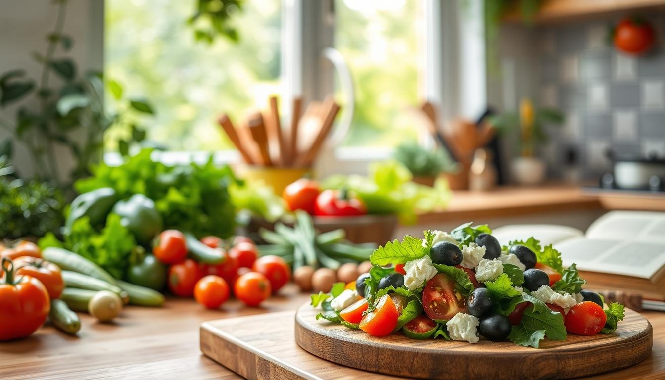 A vibrant kitchen countertop filled with colorful, affordable Mediterranean ingredients, such as fresh vegetables like tomatoes, cucumbers, and bell peppers. In the foreground, a rustic wooden cutting board displays a healthy, inviting salad garnished with olives and feta cheese. The middle ground features an open cookbook with simple recipes, emphasizing budget-friendly cooking. In the background, a window lets in natural sunlight, creating a warm, inviting atmosphere filled with greenery. The composition is bright and cheerful, highlighting a sense of health and wellness, inspiring viewers to create nourishing meals without breaking the bank. The image should embody a cozy, home-cooked feel. Get well and stay well, Ray Baker. A vibrant kitchen countertop filled with colorful, affordable Mediterranean ingredients, such as fresh vegetables like tomatoes, cucumbers, and bell peppers. In the foreground, a rustic wooden cutting board displays a healthy, inviting salad garnished with olives and feta cheese. The middle ground features an open cookbook with simple recipes, emphasizing budget-friendly cooking. In the background, a window lets in natural sunlight, creating a warm, inviting atmosphere filled with greenery. The composition is bright and cheerful, highlighting a sense of health and wellness, inspiring viewers to create nourishing meals without breaking the bank. The image should embody a cozy, home-cooked feel. Get well and stay well, Ray Baker.