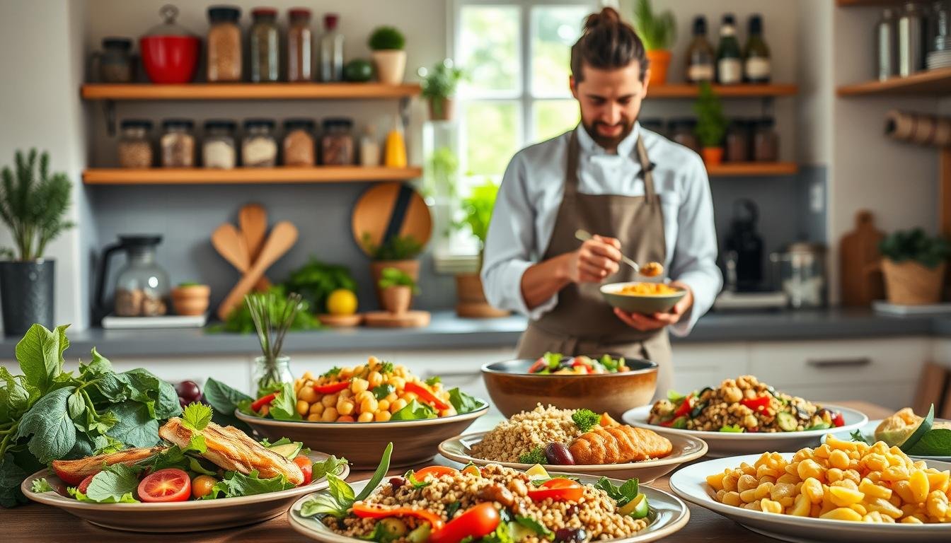 A vibrant kitchen scene showcasing healthy Mediterranean meals designed for waist-friendly habits. In the foreground, a beautifully arranged table with a colorful spread of fresh vegetables, whole grains, and lean proteins, such as grilled chicken and chickpea salad, all artistically plated. The middle ground features a chef in modest casual clothing, skillfully preparing another dish, radiating confidence and dedication to healthy living. The background includes shelves filled with jars of herbs and spices, emphasizing freshness and flavor. Soft, natural lighting streams through a window, creating a warm, inviting atmosphere. The image should evoke a sense of wellness and balance, highlighting the importance of lifestyle habits in achieving health goals. Get well and stay well, Ray Baker. A vibrant kitchen scene showcasing healthy Mediterranean meals designed for waist-friendly habits. In the foreground, a beautifully arranged table with a colorful spread of fresh vegetables, whole grains, and lean proteins, such as grilled chicken and chickpea salad, all artistically plated. The middle ground features a chef in modest casual clothing, skillfully preparing another dish, radiating confidence and dedication to healthy living. The background includes shelves filled with jars of herbs and spices, emphasizing freshness and flavor. Soft, natural lighting streams through a window, creating a warm, inviting atmosphere. The image should evoke a sense of wellness and balance, highlighting the importance of lifestyle habits in achieving health goals. Get well and stay well, Ray Baker.