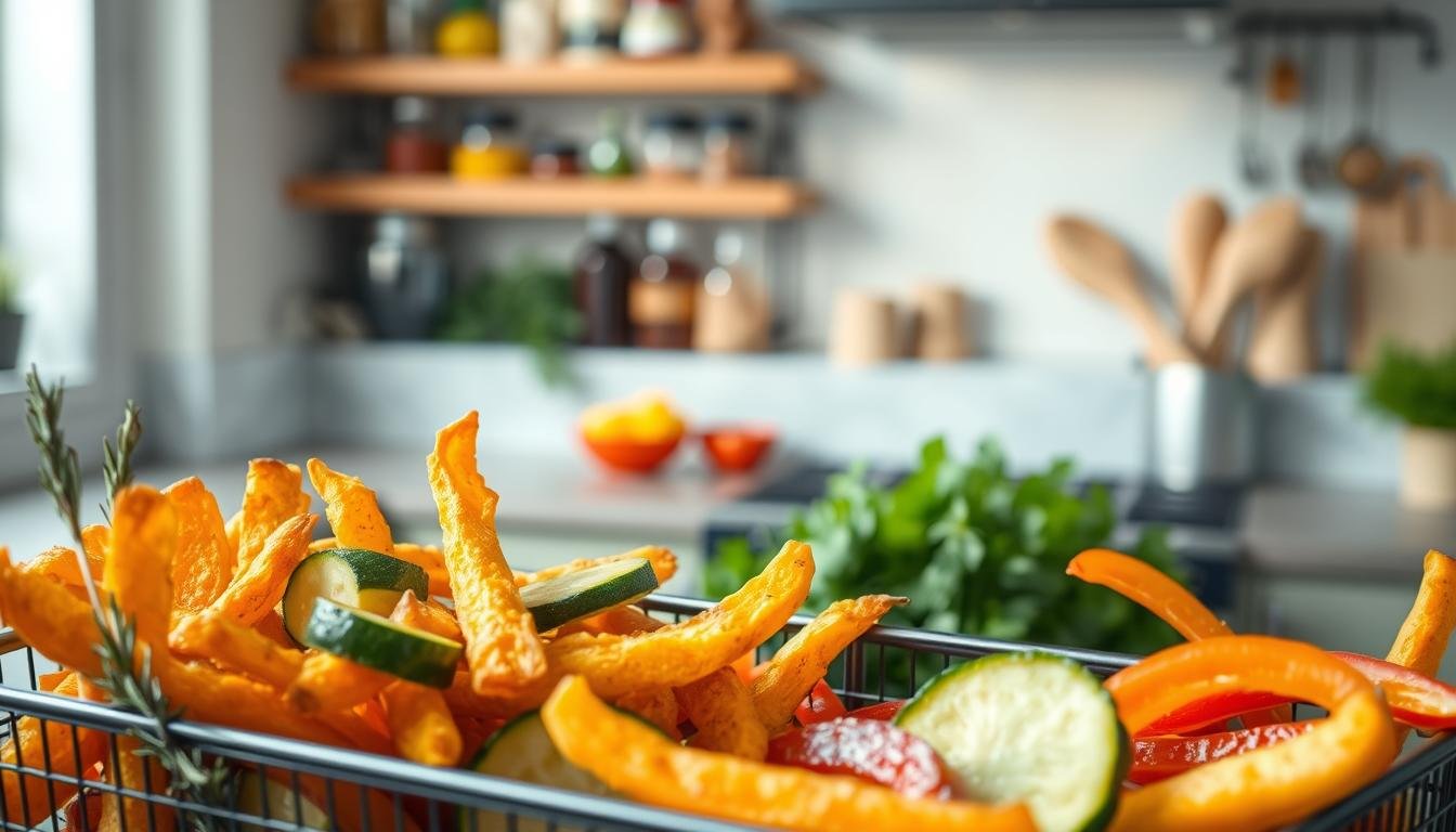 A vibrant, mouthwatering display of crispy vegetables in an air fryer basket, prominently placed in the foreground. Include a variety of colorful veggies, such as golden-brown sweet potato fries, bright green zucchini slices, and red bell pepper strips, all glistening with a light sheen from a touch of olive oil. The middle ground features a stylish kitchen counter adorned with Mediterranean herbs like rosemary and thyme, hinting at fresh ingredients. In the background, blurred shelves showcase an array of spices and cooking utensils, creating a warm, inviting atmosphere. Soft, natural lighting from a nearby window highlights the textures of the vegetables, while a shallow depth of field focuses on the crispy details. The overall mood is fresh, healthy, and appetizing, perfect for a cooking context. Get well and stay well, Ray Baker.