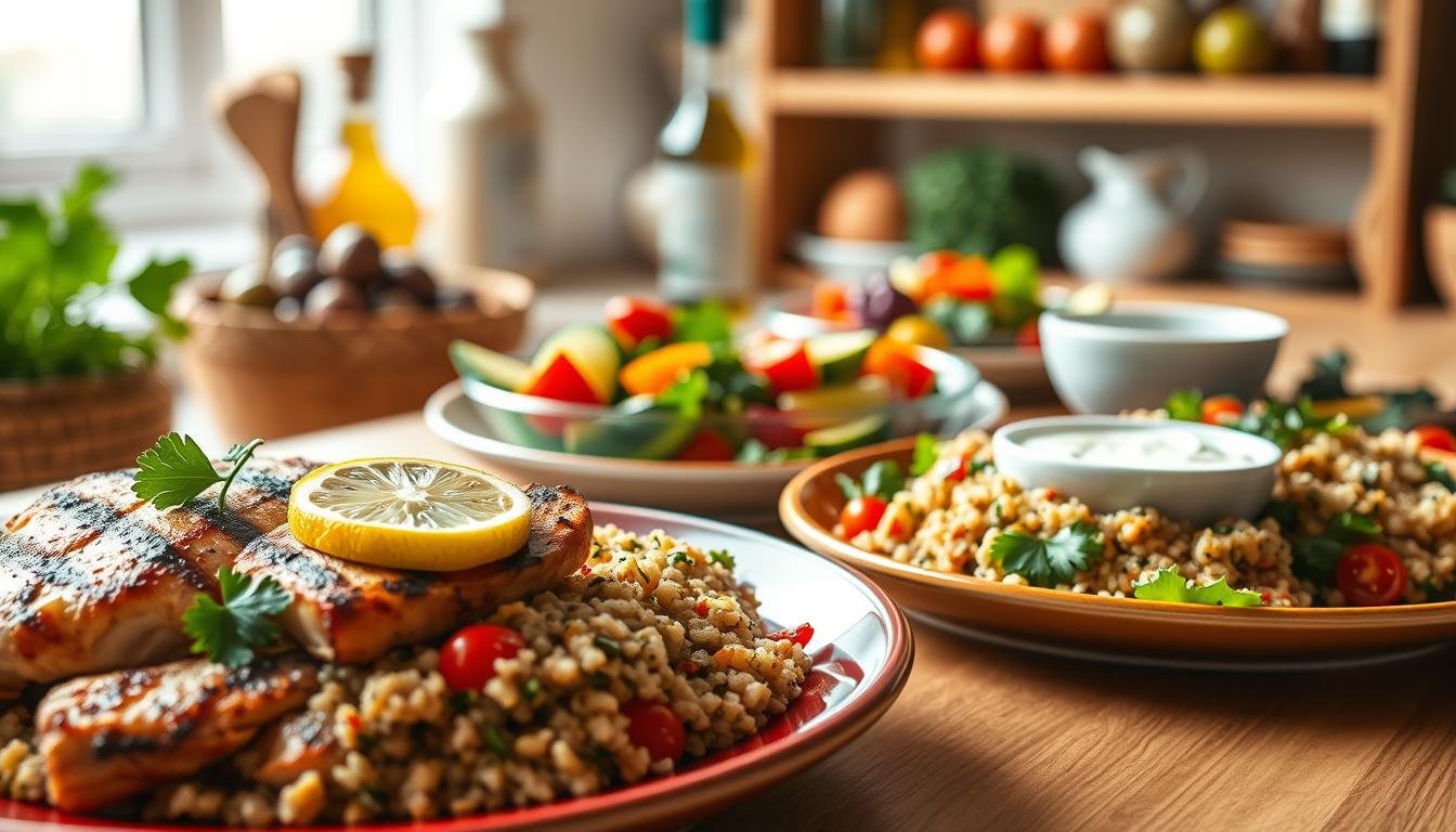 A visually appealing arrangement of portion-controlled Mediterranean meals, featuring vibrant plates filled with colorful foods. In the foreground, a well-balanced meal includes grilled chicken with a side of quinoa tabbouleh, topped with a slice of lemon and fresh parsley. The middle layer showcases a small bowl of tzatziki sauce and a colorful salad with cherry tomatoes and cucumbers, enhancing the meal's appeal. In the background, a soft-focus kitchen setting with wooden shelves holds various Mediterranean ingredients like olives, olive oil, and herbs. Soft, natural lighting illuminates the scene, giving it a fresh and inviting atmosphere. The angle captures the dishes from a slightly elevated perspective, encouraging the viewer to think about healthy eating. Get well and stay well, Ray Baker. A visually appealing arrangement of portion-controlled Mediterranean meals, featuring vibrant plates filled with colorful foods. In the foreground, a well-balanced meal includes grilled chicken with a side of quinoa tabbouleh, topped with a slice of lemon and fresh parsley. The middle layer showcases a small bowl of tzatziki sauce and a colorful salad with cherry tomatoes and cucumbers, enhancing the meal's appeal. In the background, a soft-focus kitchen setting with wooden shelves holds various Mediterranean ingredients like olives, olive oil, and herbs. Soft, natural lighting illuminates the scene, giving it a fresh and inviting atmosphere. The angle captures the dishes from a slightly elevated perspective, encouraging the viewer to think about healthy eating. Get well and stay well, Ray Baker.