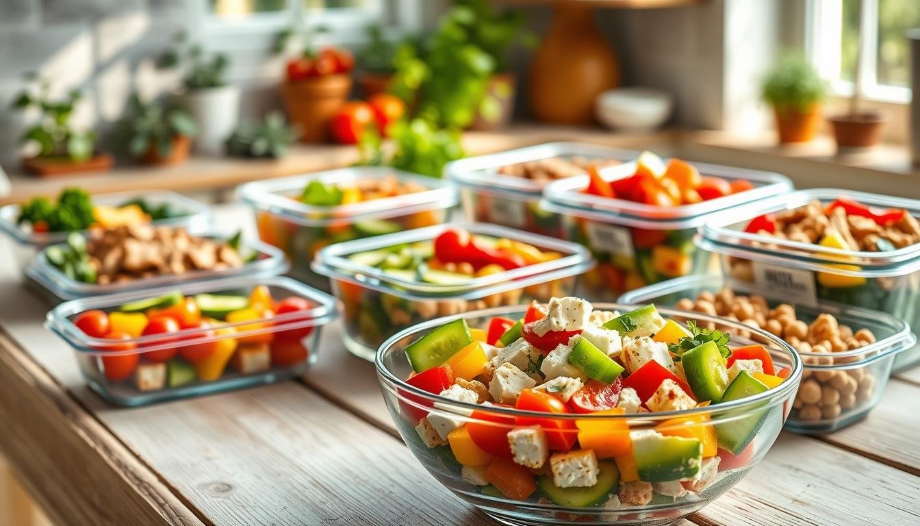 Colorful Mediterranean summer weight loss meals displayed on a rustic wooden table, featuring a vibrant assortment of fresh vegetables like cherry tomatoes, cucumbers, and bell peppers, alongside lean proteins such as grilled chicken, chickpeas, and feta cheese. In the foreground, a glass bowl filled with a refreshing Greek salad drizzled with olive oil and lemon. In the middle, neatly arranged meal containers with colorful portions, emphasizing food safety with tight-fitting lids and labels. In the background, a sunlit kitchen setting with herbs in pots and light streaming through a window, creating a warm and inviting atmosphere. Soft focus to highlight the meals while maintaining clarity. Natural lighting, shot from a slightly elevated angle to capture the vibrant colors and textures. Get well and stay well, Ray Baker. Colorful Mediterranean summer weight loss meals displayed on a rustic wooden table, featuring a vibrant assortment of fresh vegetables like cherry tomatoes, cucumbers, and bell peppers, alongside lean proteins such as grilled chicken, chickpeas, and feta cheese. In the foreground, a glass bowl filled with a refreshing Greek salad drizzled with olive oil and lemon. In the middle, neatly arranged meal containers with colorful portions, emphasizing food safety with tight-fitting lids and labels. In the background, a sunlit kitchen setting with herbs in pots and light streaming through a window, creating a warm and inviting atmosphere. Soft focus to highlight the meals while maintaining clarity. Natural lighting, shot from a slightly elevated angle to capture the vibrant colors and textures. Get well and stay well, Ray Baker.