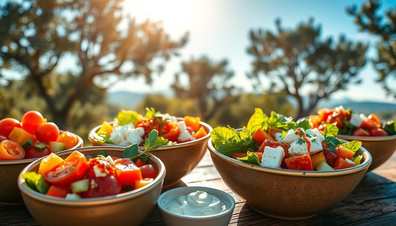 Vibrant Mediterranean bowls filled with an array of colorful ingredients, including ripe cherry tomatoes, crisp cucumbers, and creamy feta cheese, showcasing a variety of healthy sauces and toppings like tzatziki and a harissa drizzle. Arrange the bowls on a rustic wooden table, set against a softly blurred backdrop of sun-drenched olive trees under a clear blue sky. The lighting is warm and inviting, illuminating the fresh ingredients in a natural way, reminiscent of a midday Mediterranean sun. The composition should emphasize the textures and colors of the food, with a slight overhead angle to capture the bowls’ details. The atmosphere should feel refreshing and wholesome, evoking a sense of healthy eating and well-being. Get well and stay well, Ray Baker.