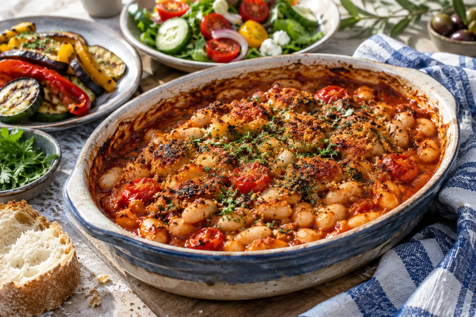 Tomato and white bean bake with roasted vegetables, colourful salad and crusty bread