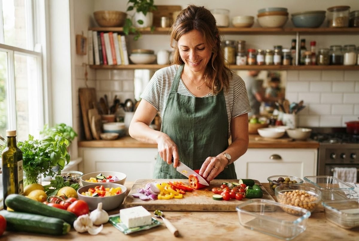 Smiling woman in green apron chopping bell peppers on a board beside cucumbers, tomatoes, feta and olives