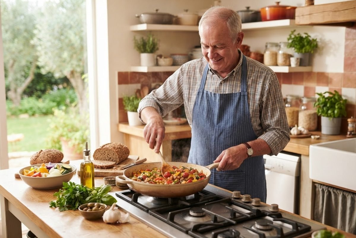 Smiling older man in blue apron stirs a skillet on a stove, with bread, olives, garlic and salad on the counter.