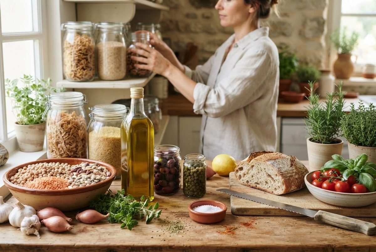 Woman reaching for a jar in a rustic kitchen with olive oil, lentils, beans, bread, tomatoes, garlic and herbs
