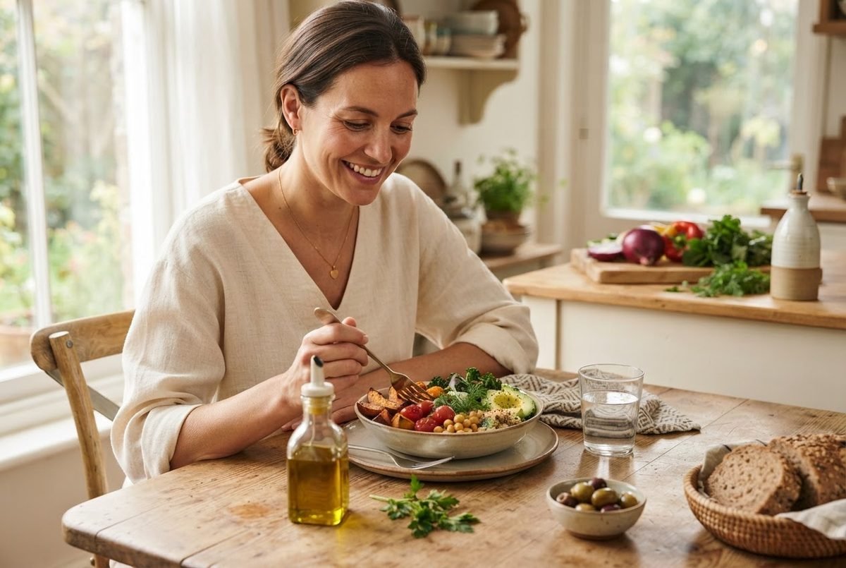 Smiling woman eating roasted vegetables and greens at a wooden table with olive oil, olives and bread.