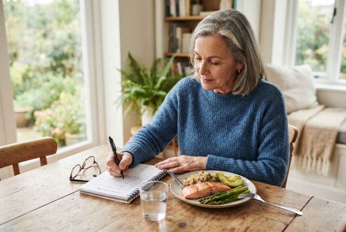 Older woman in a blue sweater writing in a notebook at a table beside salmon, asparagus and avocado on a plate.