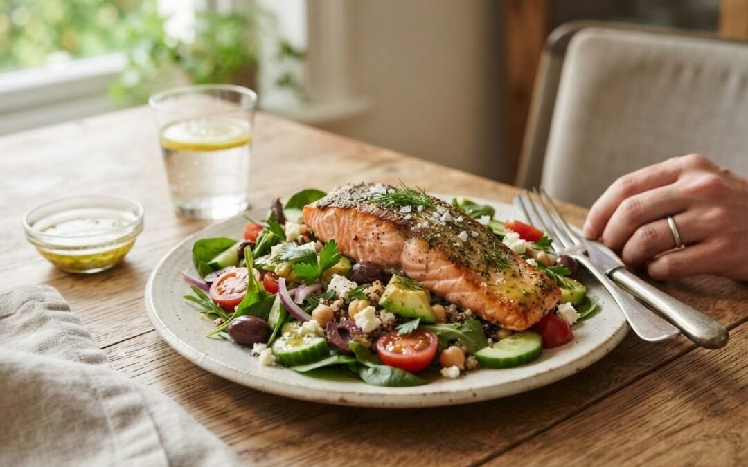 Grilled salmon salad with mixed greens, cherry tomatoes and cucumber on a white plate, part of a 7 day psoriasis diet