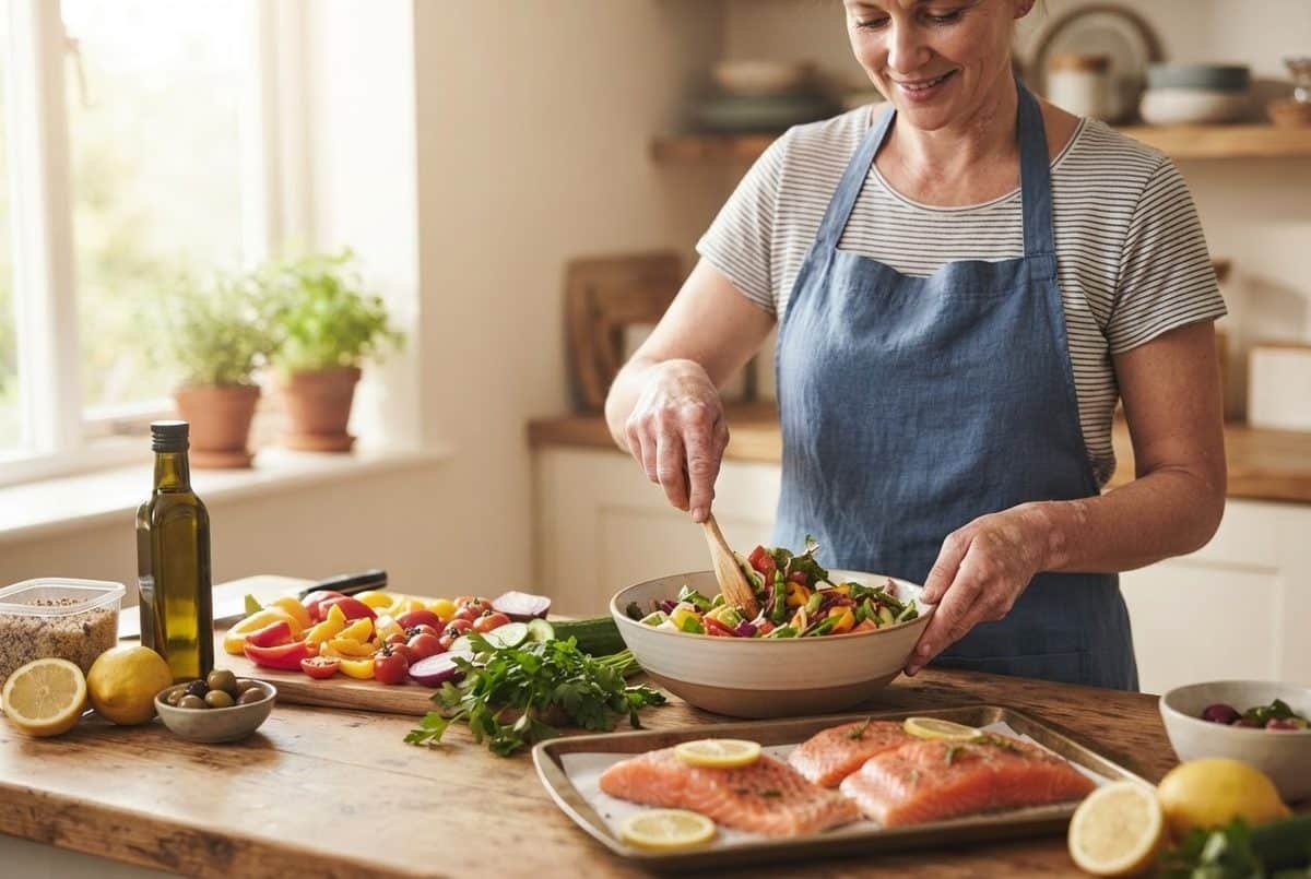 Woman in apron tossing salad beside raw salmon fillets, olive oil, lemons and olives on a wooden counter