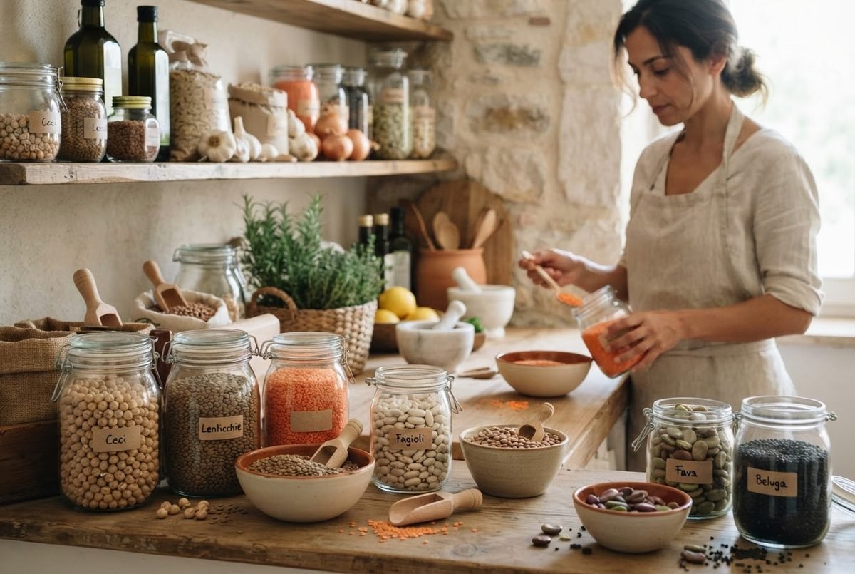 Jars of lentils, chickpeas, and whole grains in a pantry.