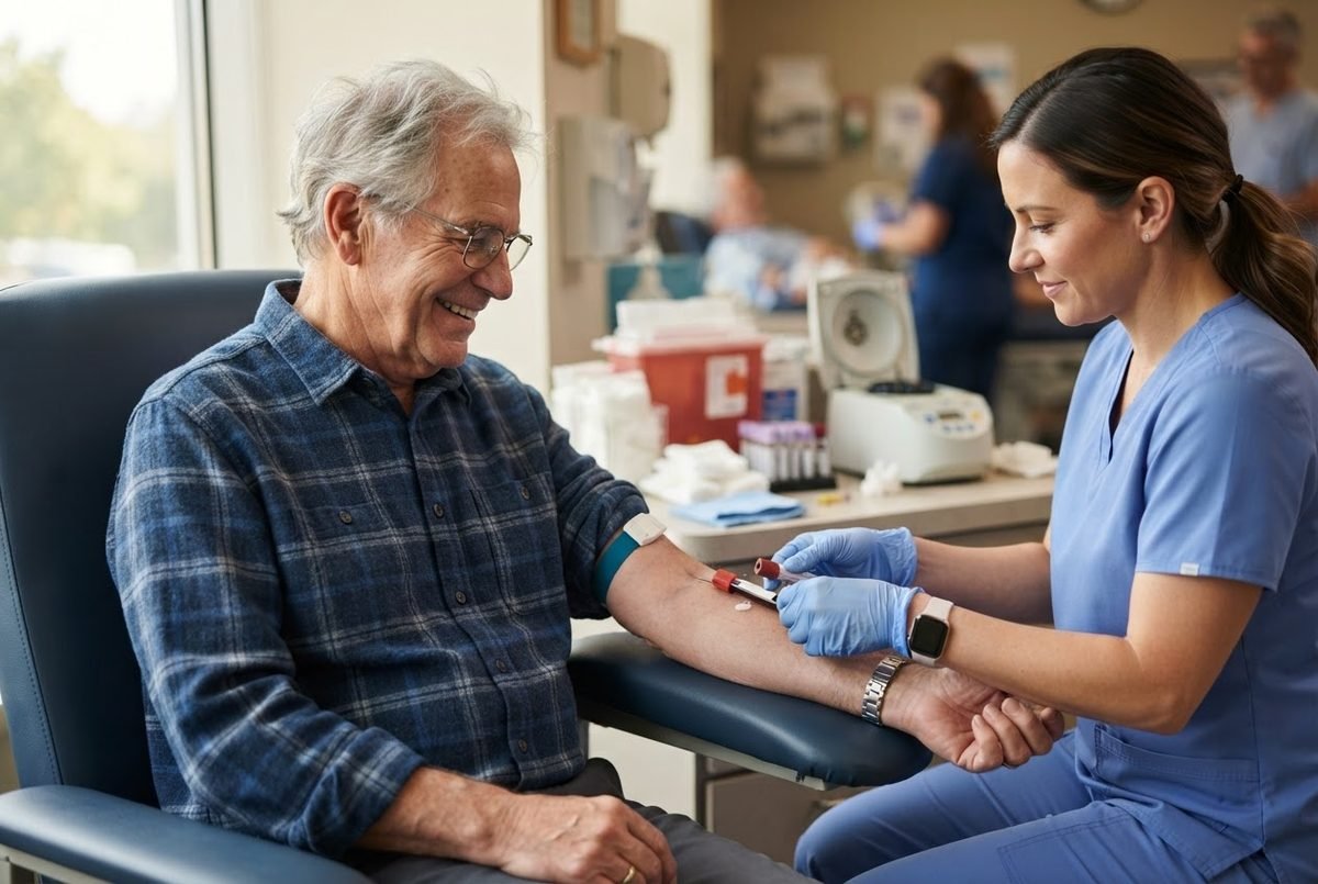 Smiling older man in a plaid shirt has blood drawn by a nurse in blue scrubs in a clinic setting.
