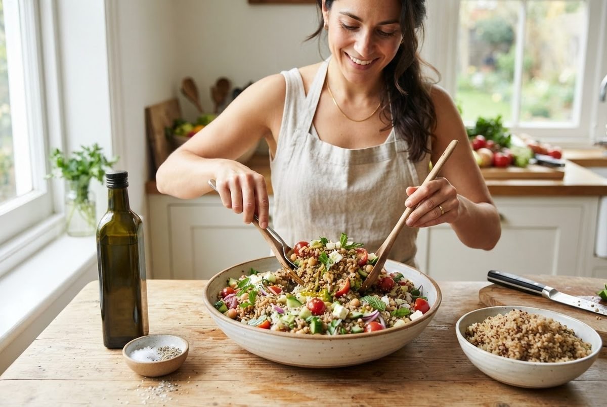 Smiling woman tossing a grain salad with cherry tomatoes and herbs in a large bowl, with an olive oil bottle beside it.