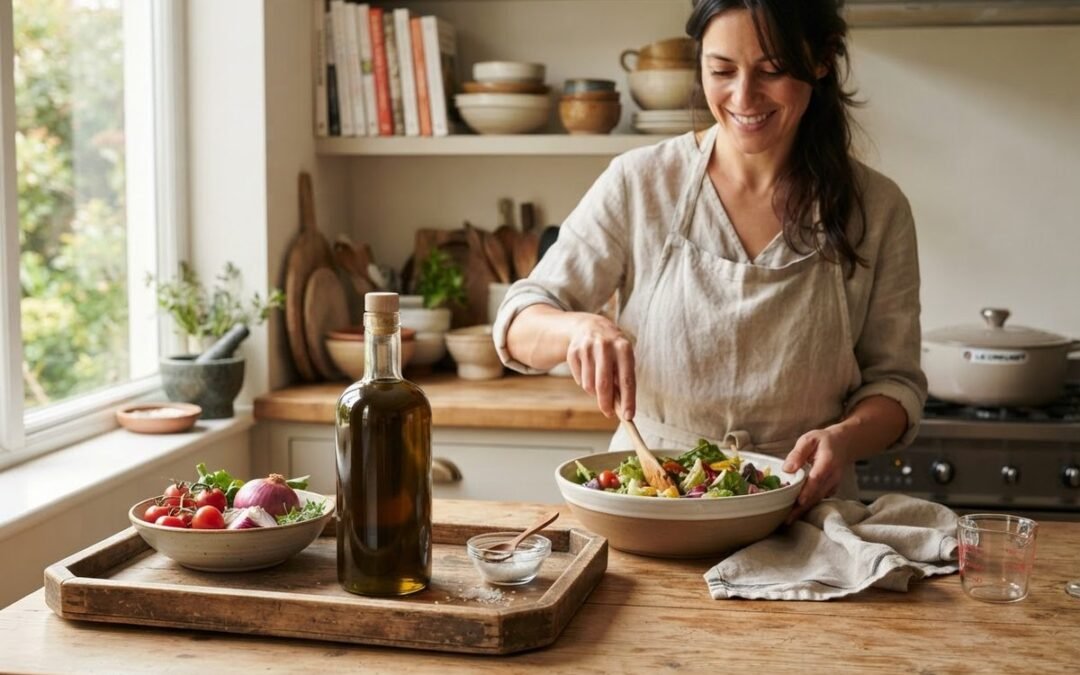 A bottle of extra virgin olive oil next to fresh vegetables on a kitchen bench.