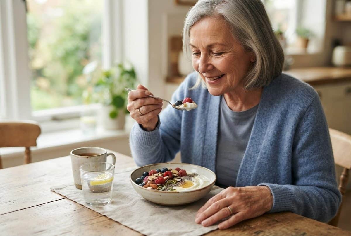Smiling older woman with grey hair in a blue cardigan eating yoghurt with berries and seeds at a wooden table