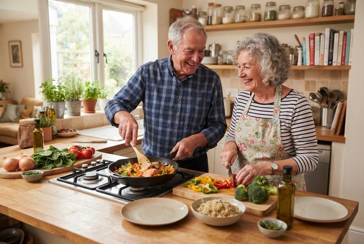 Smiling older man and woman cooking together in a bright kitchen, stirring a pan of vegetables and chicken on the stove.