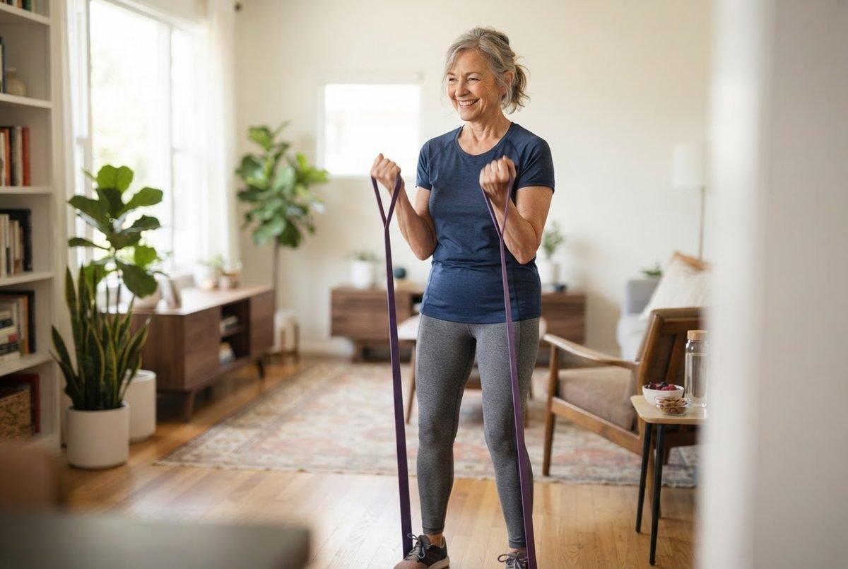 Smiling older woman with gray hair doing resistance band exercises with a purple band in a bright home living room.