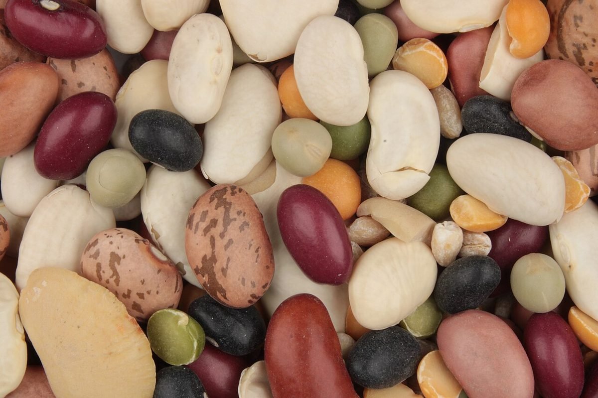 Close-up of mixed dried beans and lentils, including kidney, cannellini, speckled and black beans, and split peas