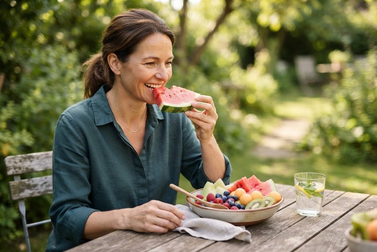 Smiling woman eating a watermelon slice at an outdoor table beside a bowl of fresh fruit and a glass of water.