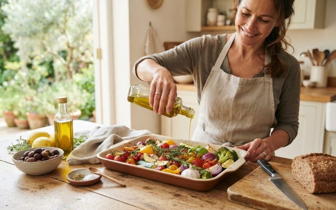 Woman pouring olive oil over colourful roasted vegetables in a dish, for healthy eating to prevent diabetes