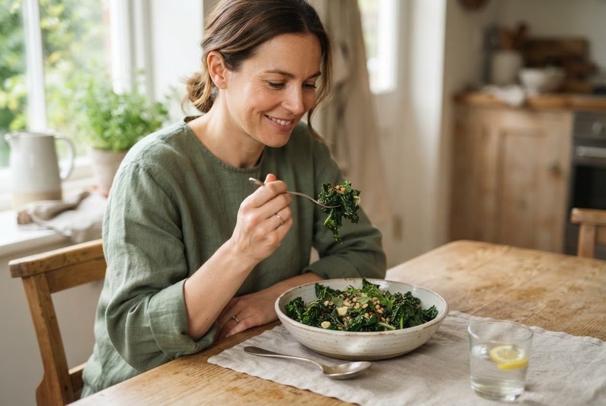 Smiling woman in a green linen top eating cooked kale from a fork at a wooden table beside a bowl of greens.