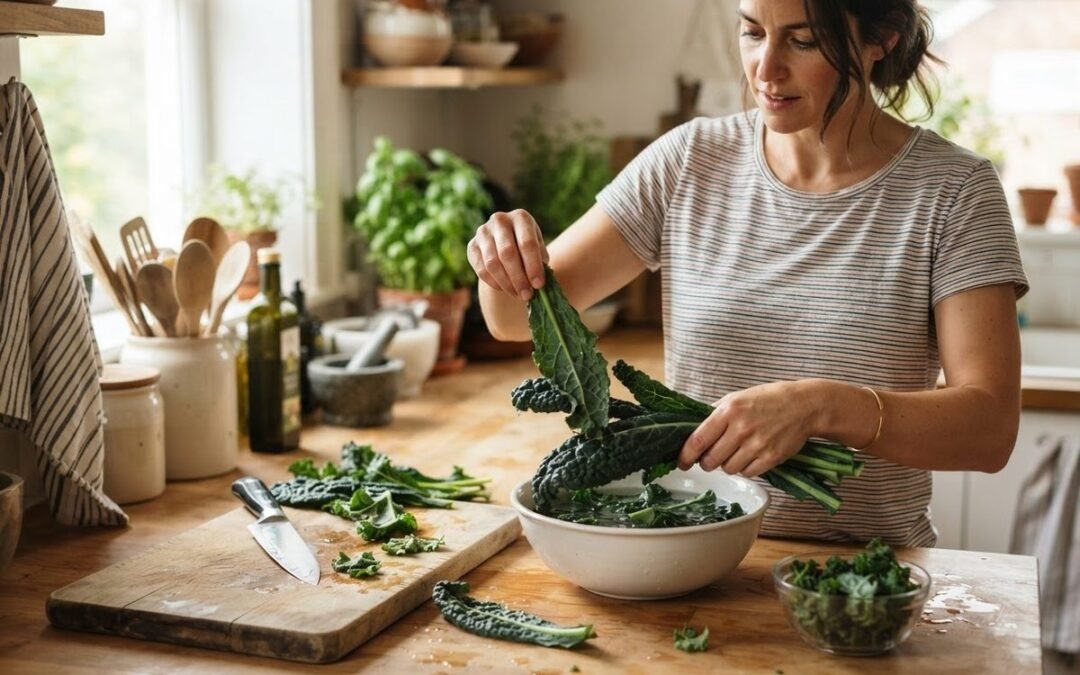 Woman stripping dark kale leaves into a bowl on a kitchen counter; how long does bloating from kale last?